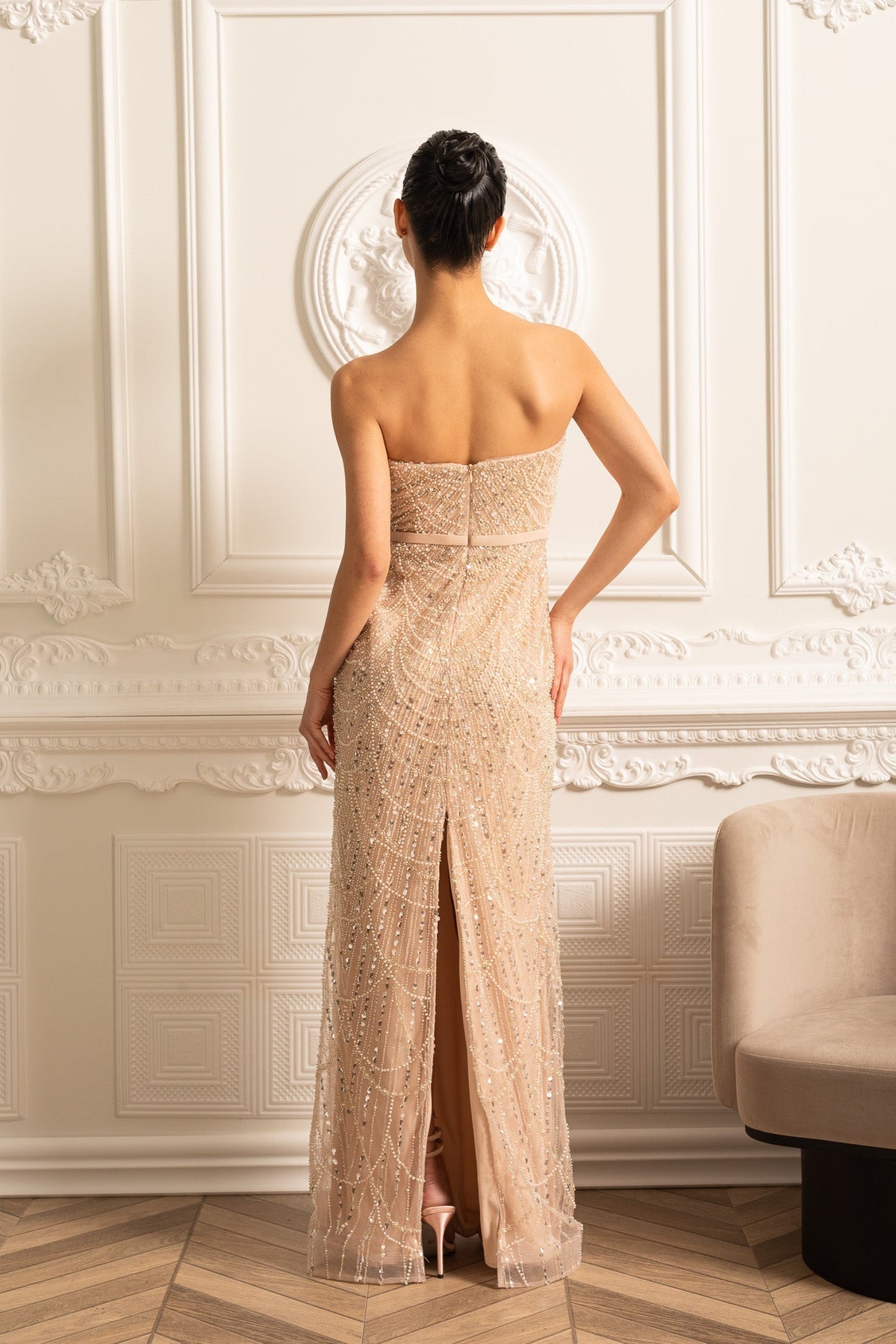 Beaded Sheer Corset Gown with Detachable Veil – Beige – view 20