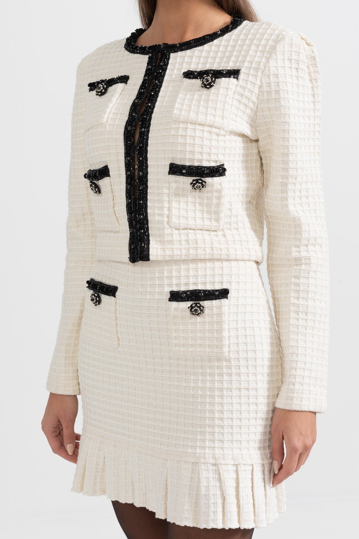 Tweed Long Sleeve Top and Flared Mini Skirt Set with Black Trim – Ivory – view 5