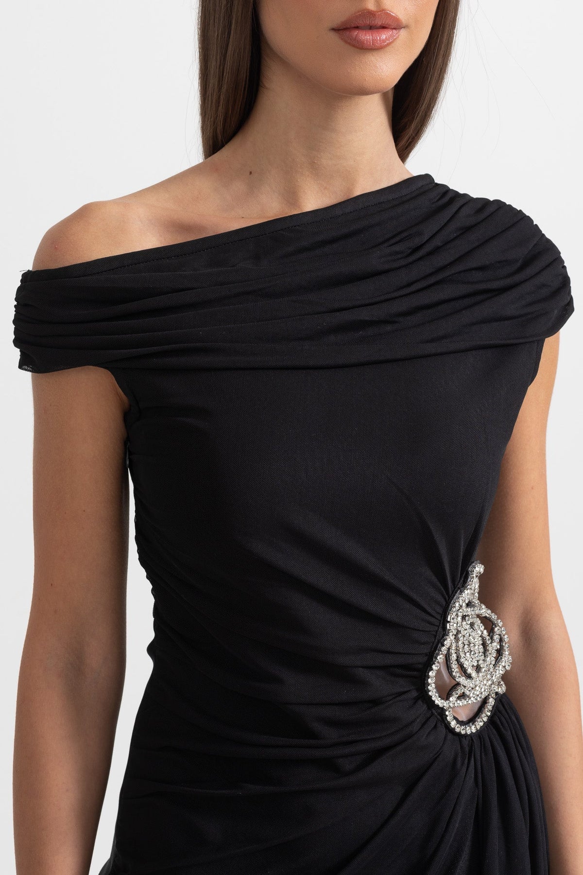 One-Shoulder Draped Asymmetric Mini Dress with Silver Floral Brooch – Black – view 6
