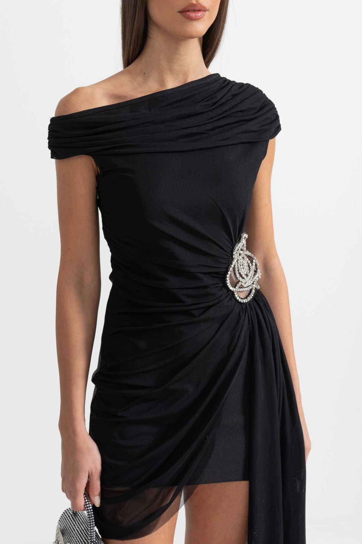 One-Shoulder Draped Asymmetric Mini Dress with Silver Floral Brooch – Black – view 2