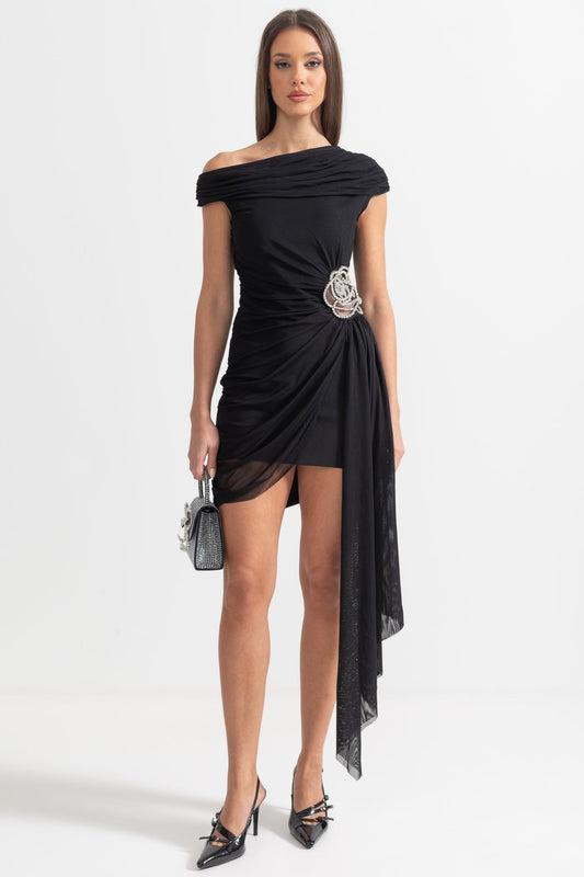 One-Shoulder Draped Asymmetric Mini Dress with Silver Floral Brooch – Black