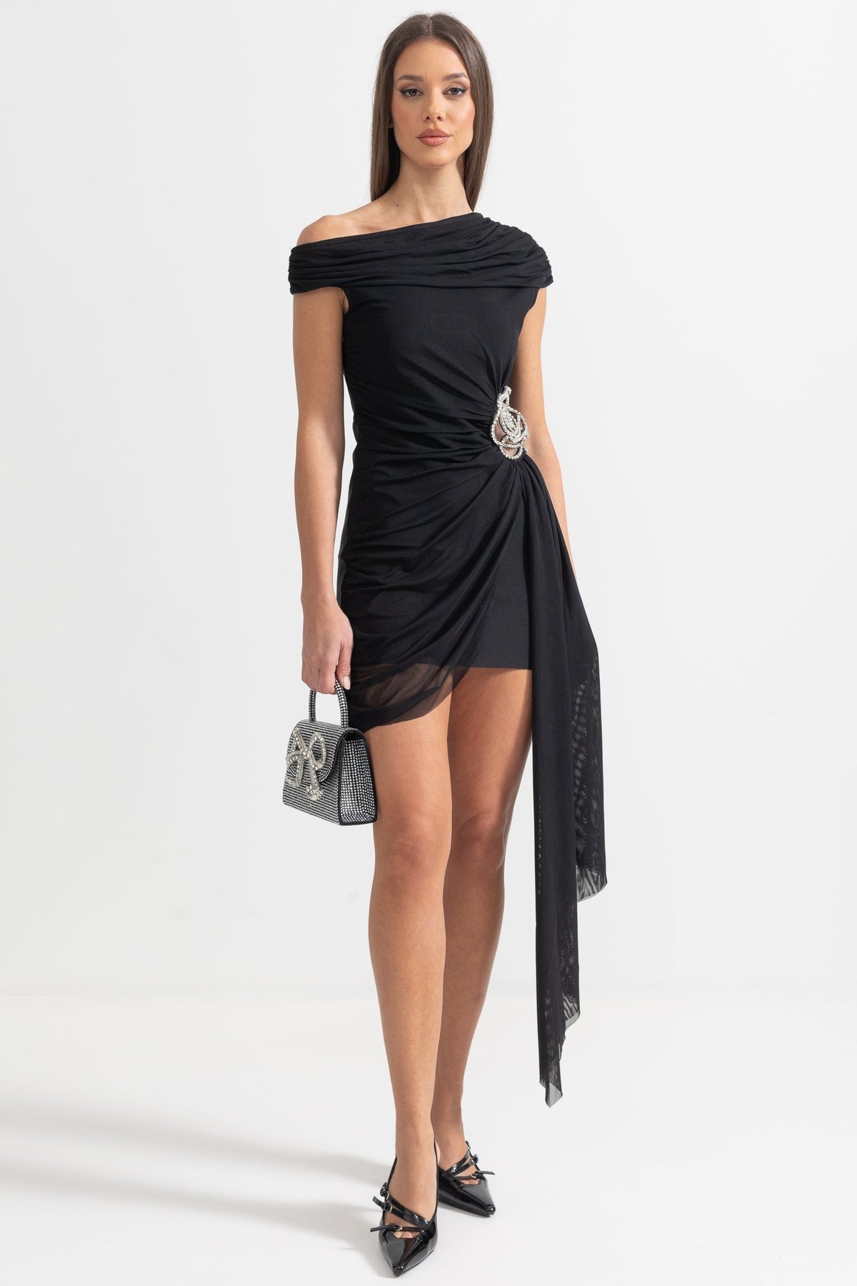One-Shoulder Draped Asymmetric Mini Dress with Silver Floral Brooch – Black – view 4