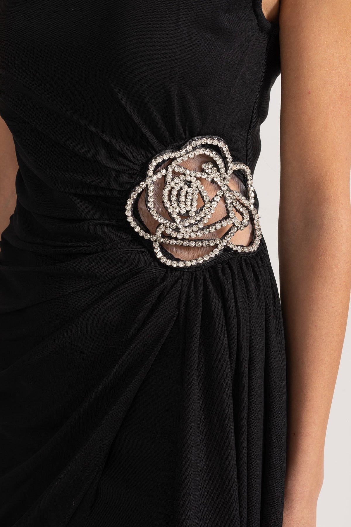 One-Shoulder Draped Asymmetric Mini Dress with Silver Floral Brooch – Black – view 7