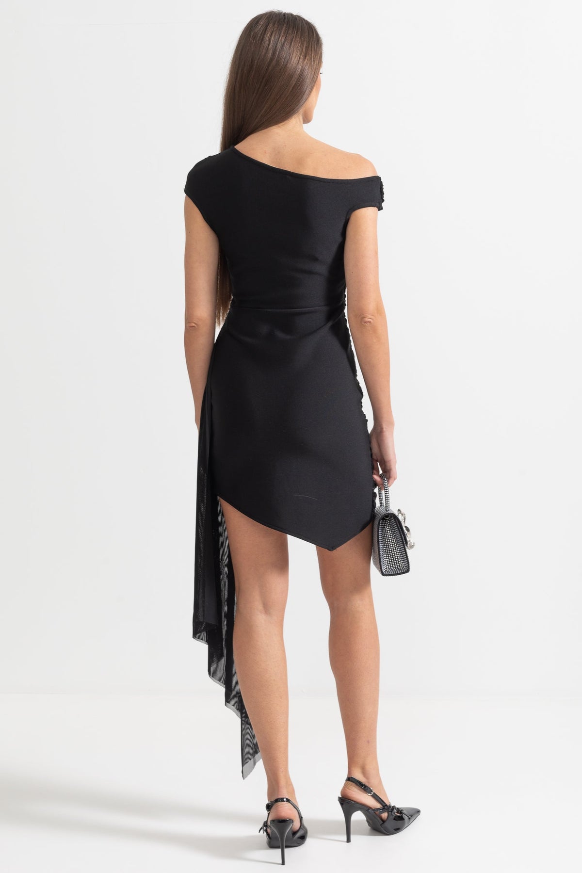 One-Shoulder Draped Asymmetric Mini Dress with Silver Floral Brooch – Black – view 9