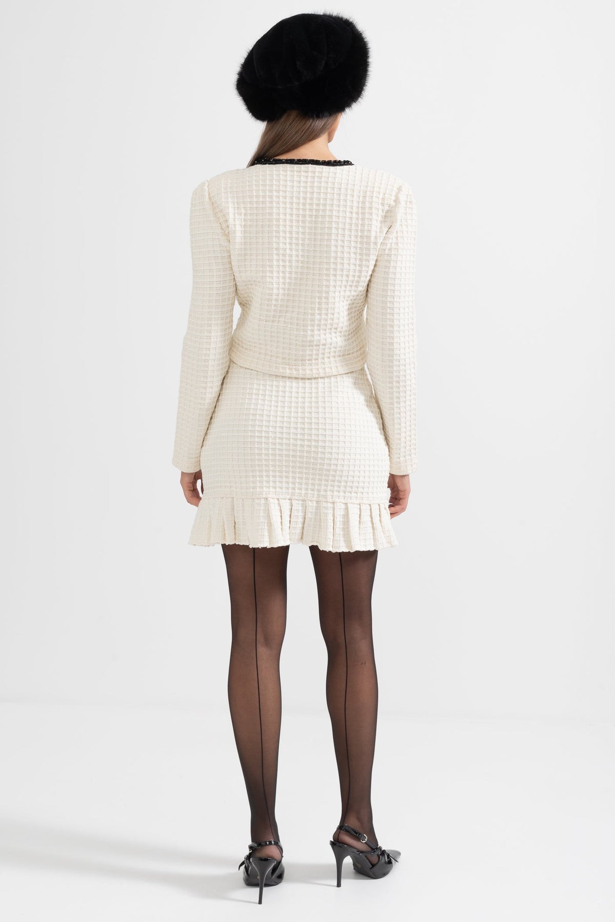 Tweed Long Sleeve Top and Flared Mini Skirt Set with Black Trim – Ivory – view 8