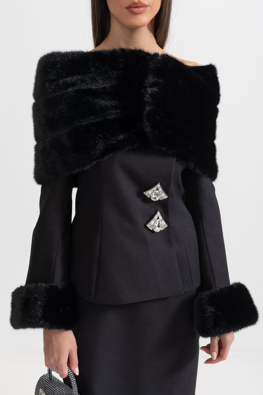 Off-Shoulder Faux Fur Shawl Top and Midi Skirt Two-Piece Set – Black – view 2