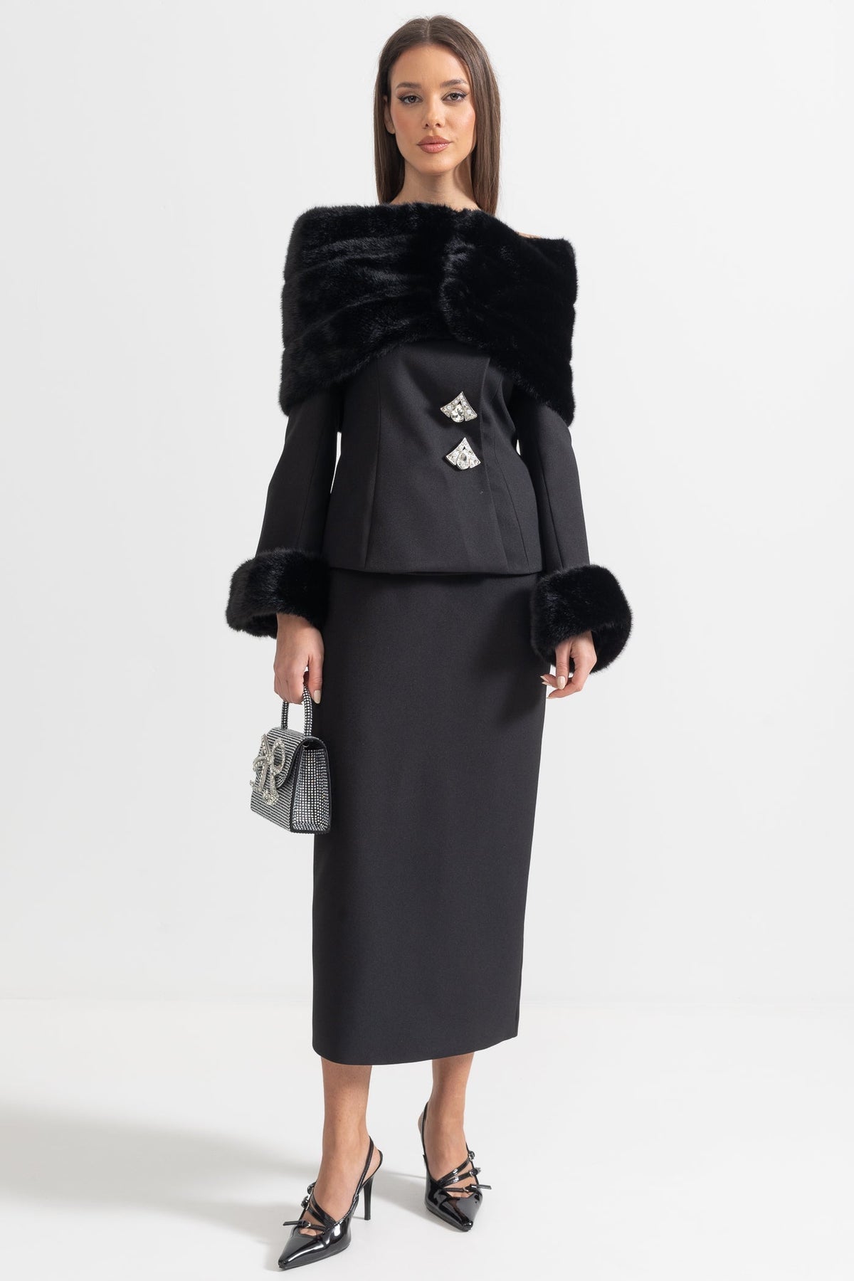 Off-Shoulder Faux Fur Shawl Top and Midi Skirt Two-Piece Set – Black – view 2
