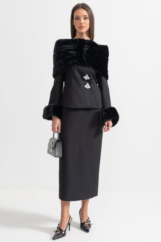 Off-Shoulder Faux Fur Shawl Top and Midi Skirt Two-Piece Set – Black