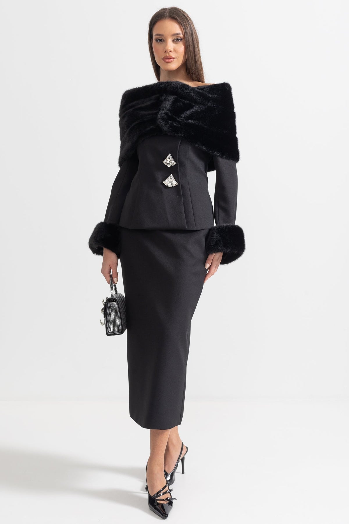 Off-Shoulder Faux Fur Shawl Top and Midi Skirt Two-Piece Set – Black – view 3