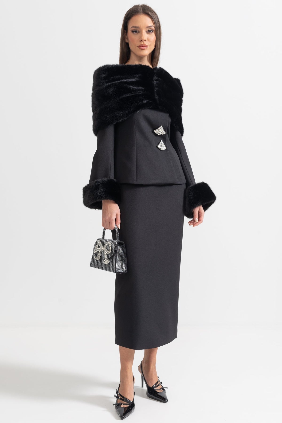 Off-Shoulder Faux Fur Shawl Top and Midi Skirt Two-Piece Set – Black – view 5