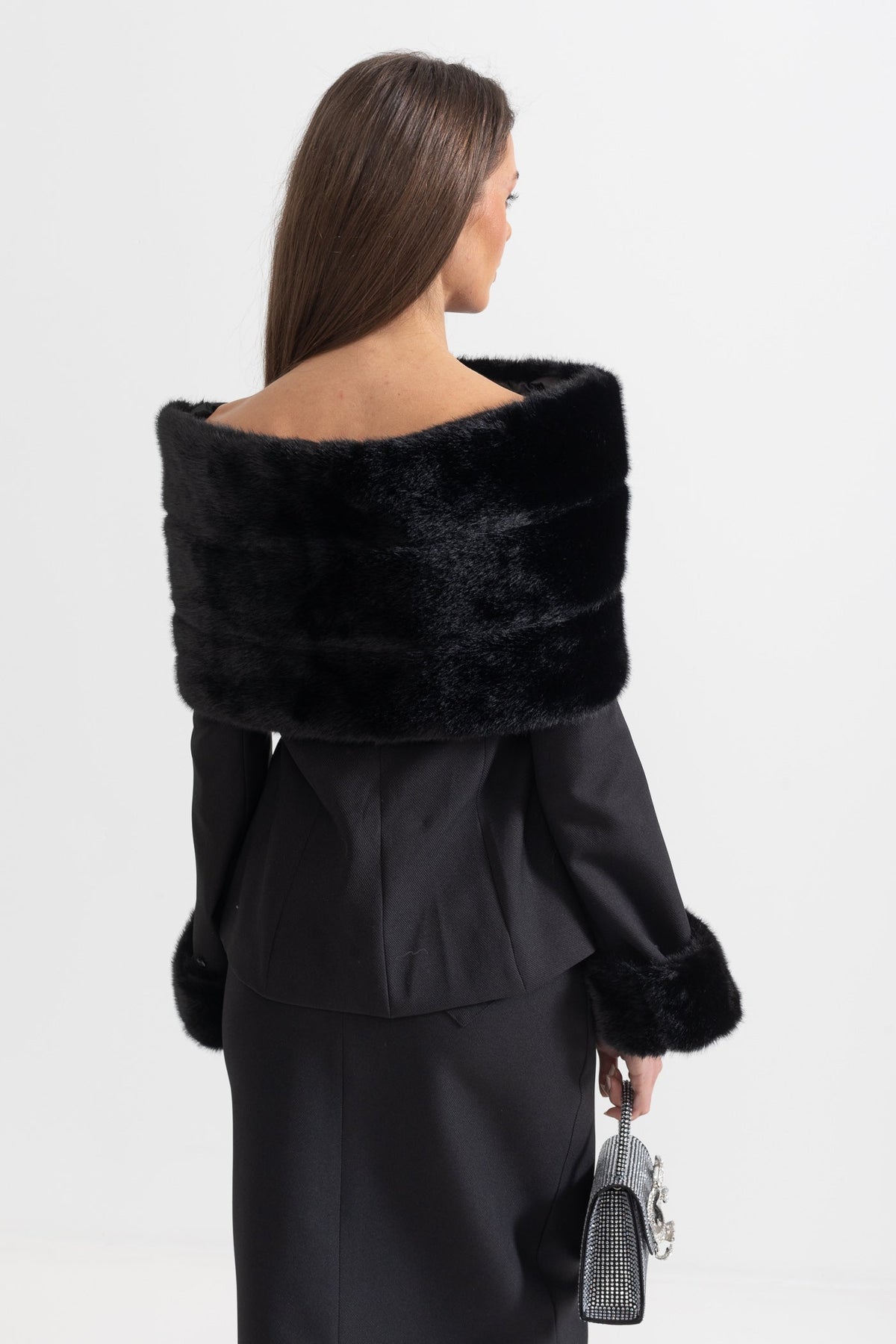 Off-Shoulder Faux Fur Shawl Top and Midi Skirt Two-Piece Set – Black – view 6
