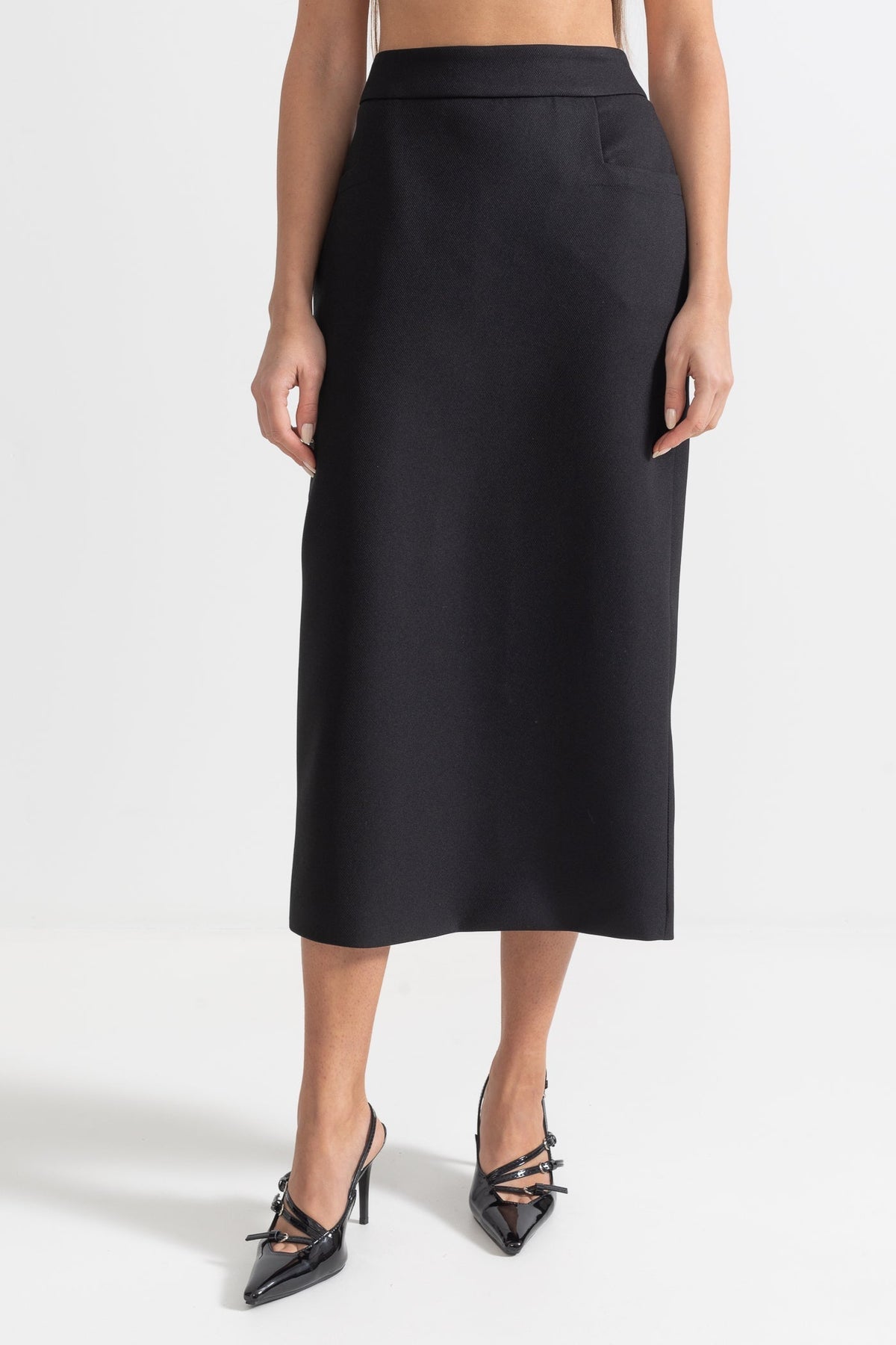 Off-Shoulder Faux Fur Shawl Top and Midi Skirt Two-Piece Set – Black – view 9