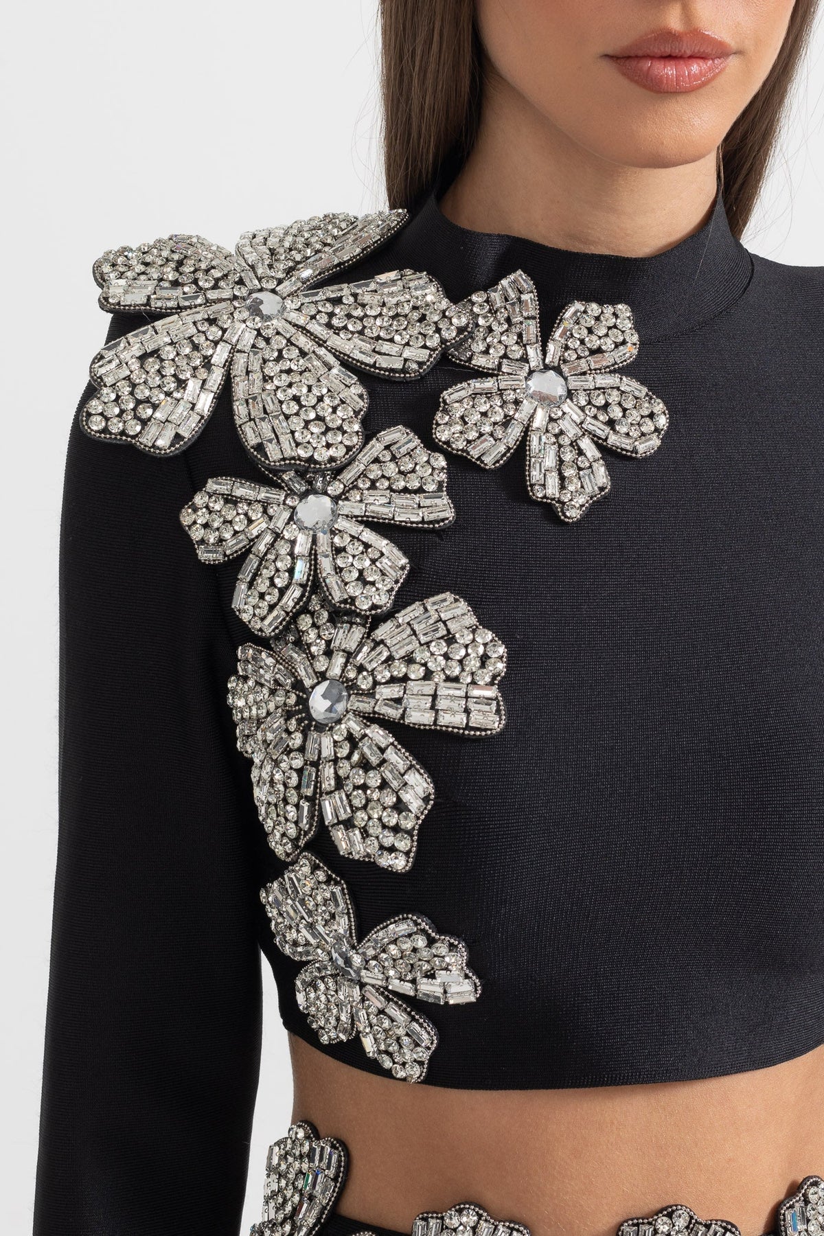 Diamond Flower Long Sleeve Top and Mini Skirt Two-Piece Set – Black – view 7