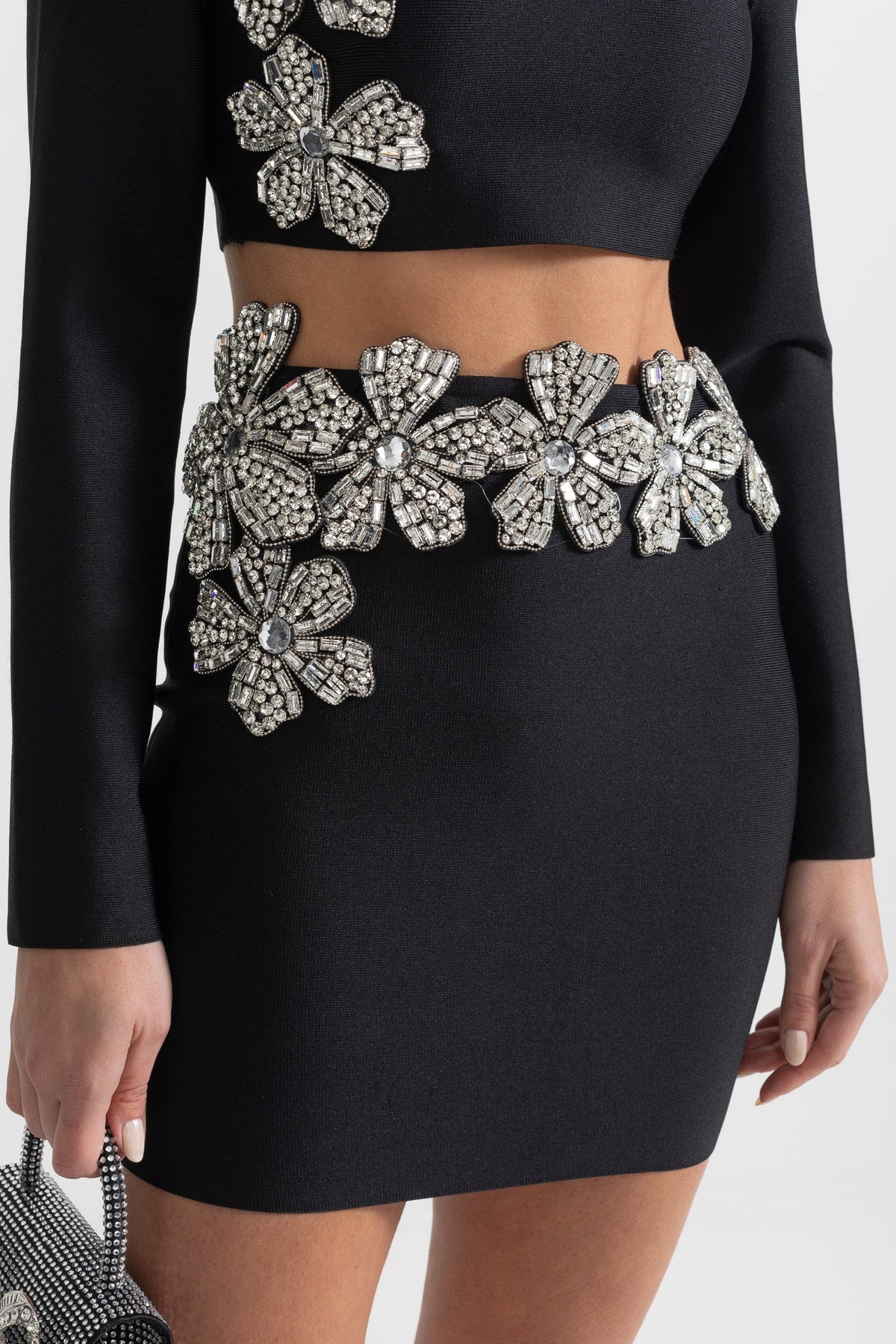 Diamond Flower Long Sleeve Top and Mini Skirt Two-Piece Set – Black – view 8