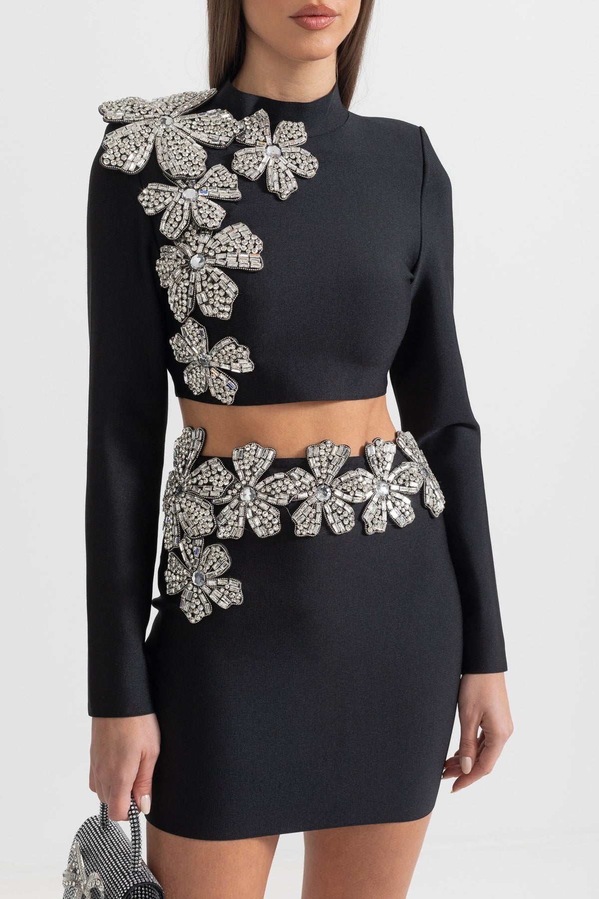 Diamond Flower Long Sleeve Top and Mini Skirt Two-Piece Set – Black – view 9
