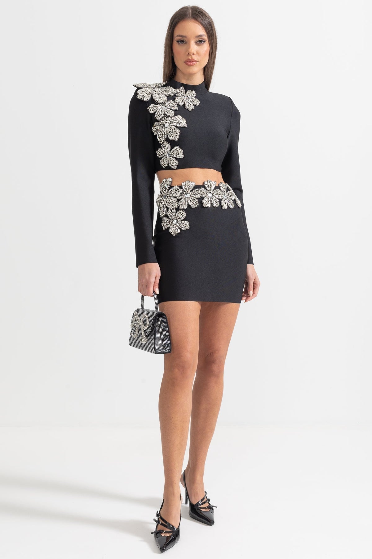 Diamond Flower Long Sleeve Top and Mini Skirt Two-Piece Set – Black – view 5