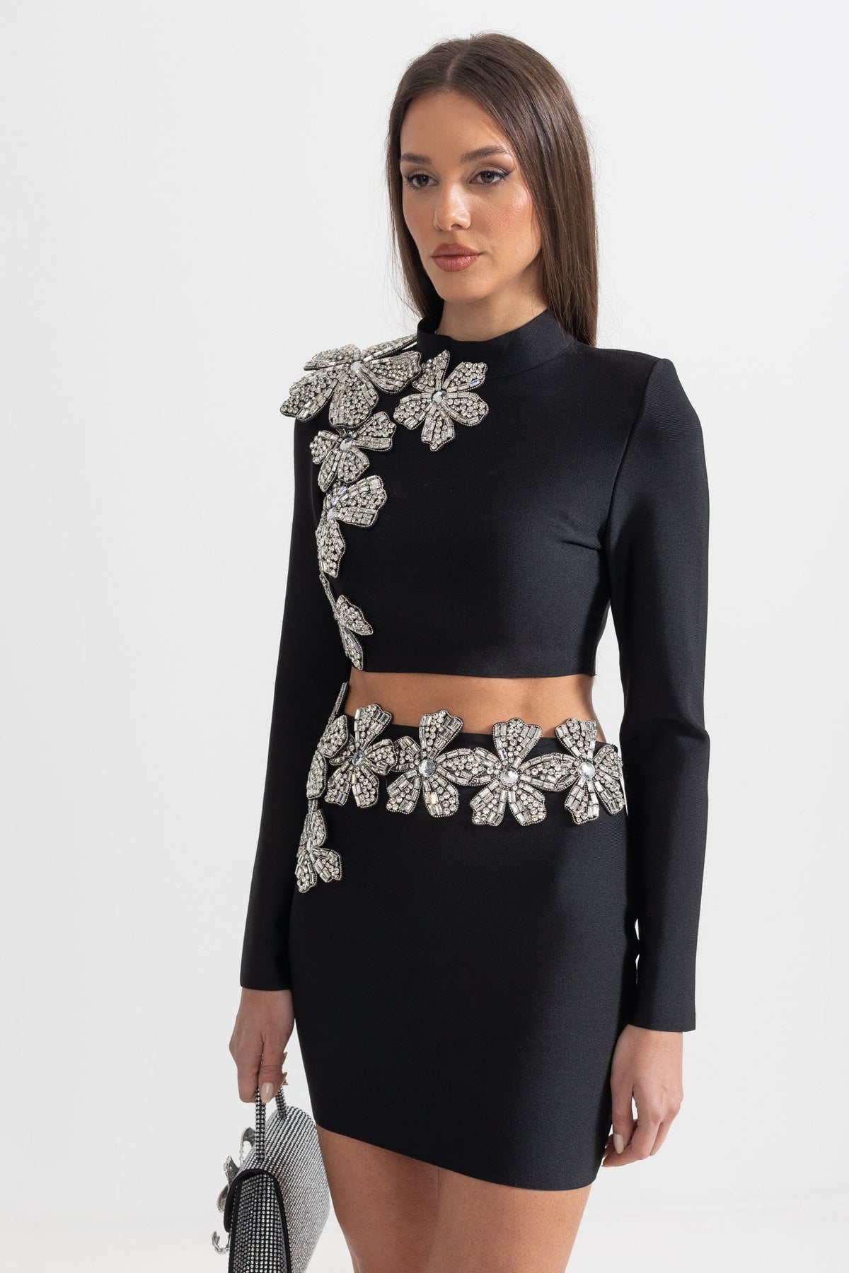 Diamond Flower Long Sleeve Top and Mini Skirt Two-Piece Set – Black – view 10