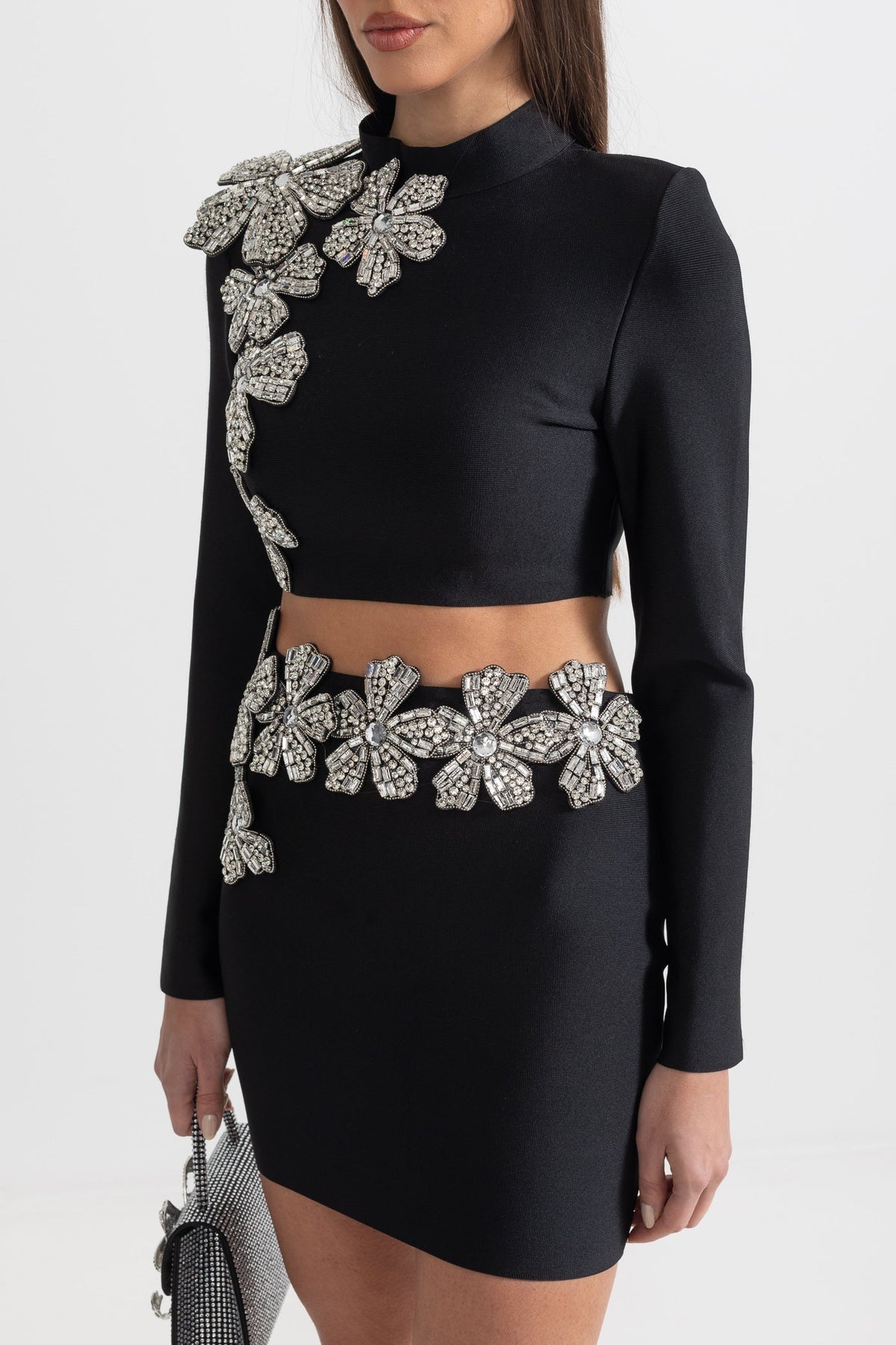 Diamond Flower Long Sleeve Top and Mini Skirt Two-Piece Set – Black – view 11