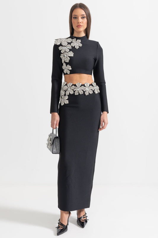 Diamond Flower Long Sleeve Top and Maxi Skirt Two-Piece Set – Black