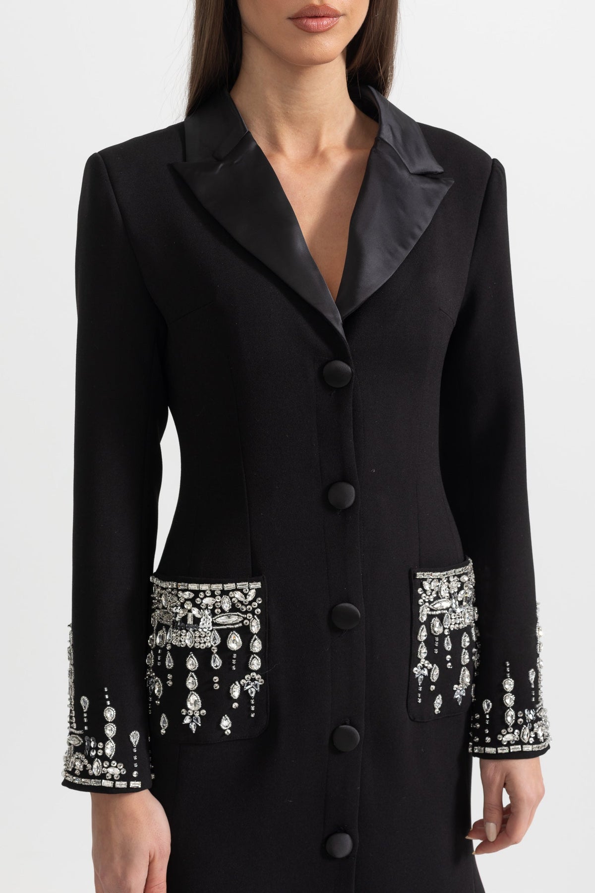 Long Sleeve Maxi Dress with Lapels and Crystal Embroidery – Black – view 7
