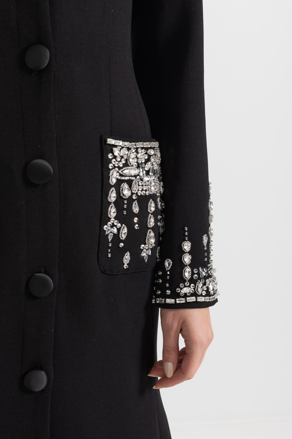 Long Sleeve Maxi Dress with Lapels and Crystal Embroidery – Black