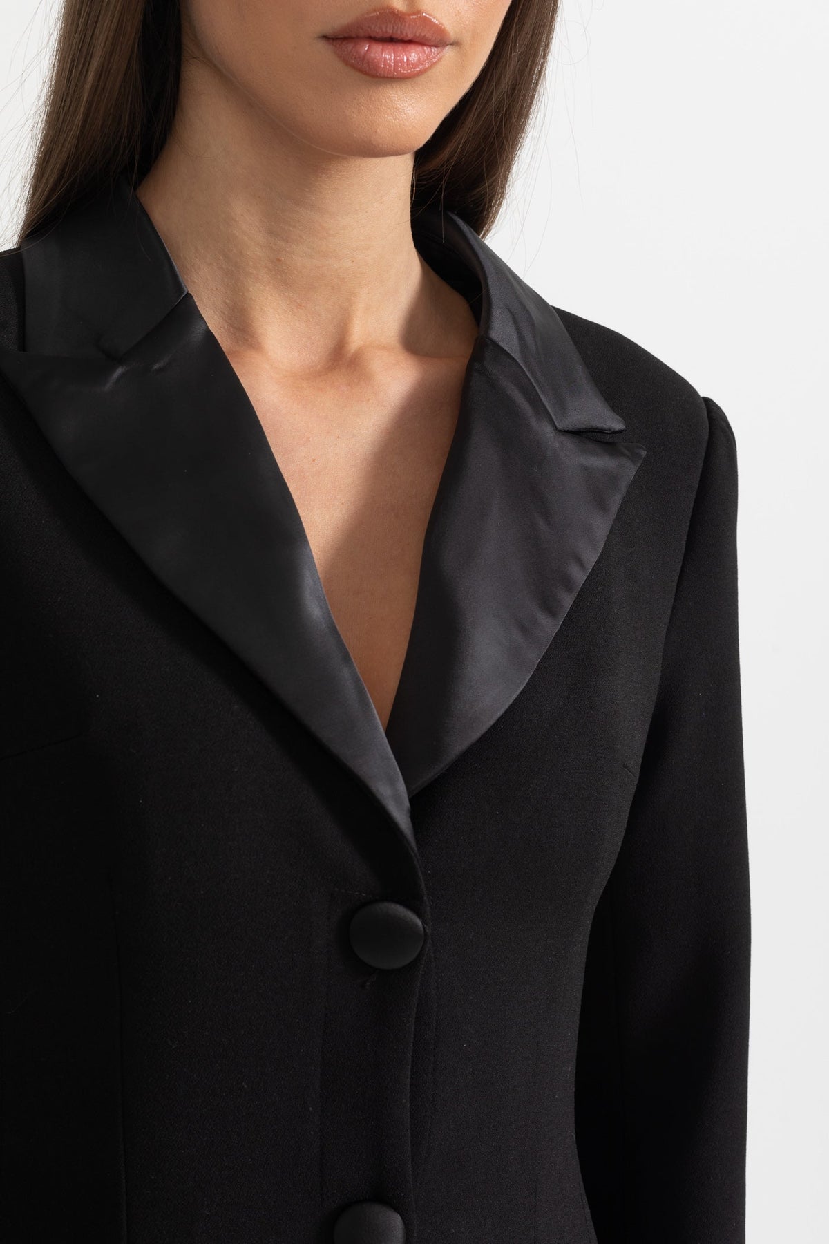 Long Sleeve Maxi Dress with Lapels and Crystal Embroidery – Black
