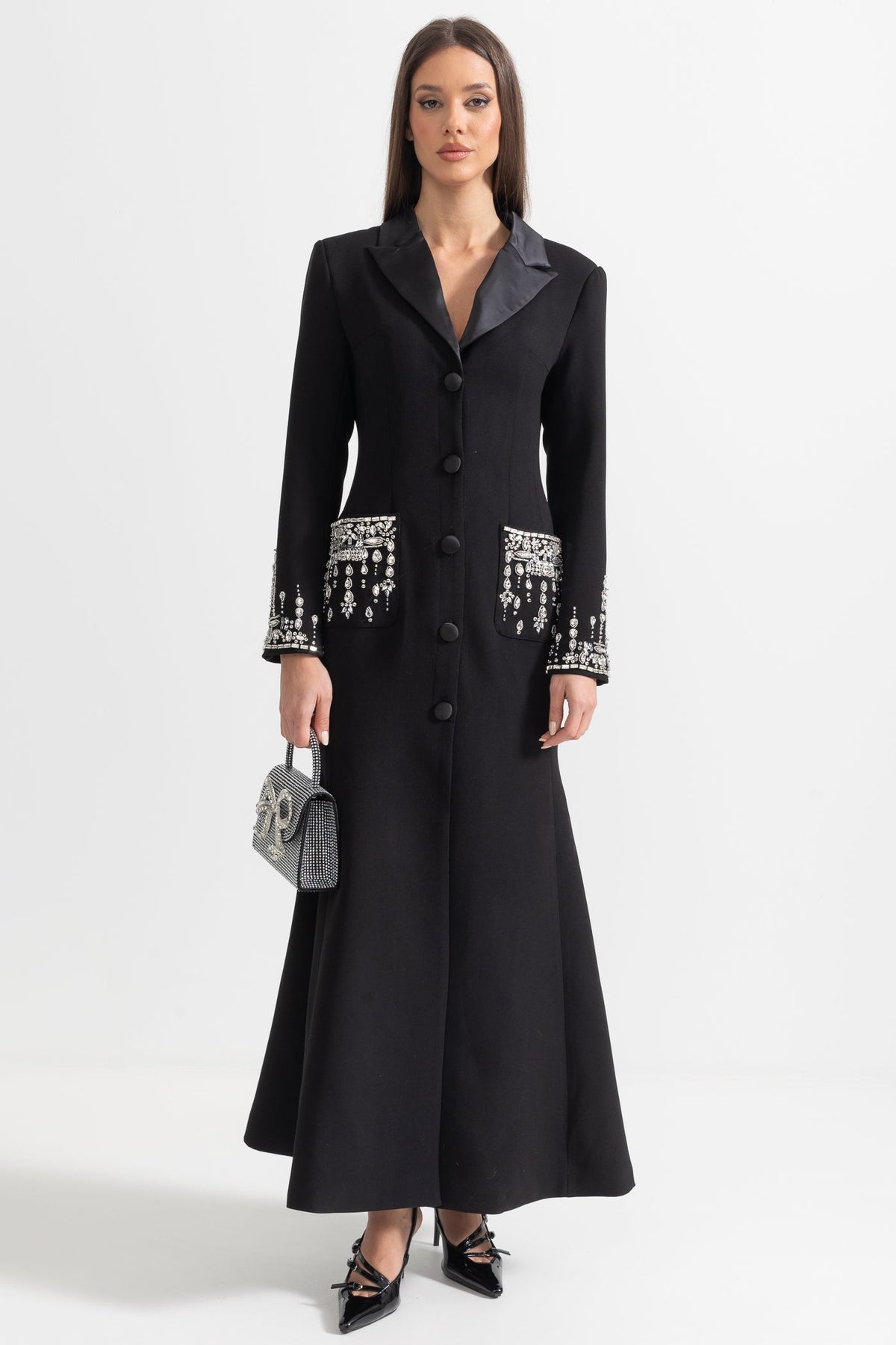Long Sleeve Maxi Dress with Lapels and Crystal Embroidery – Black – view 1