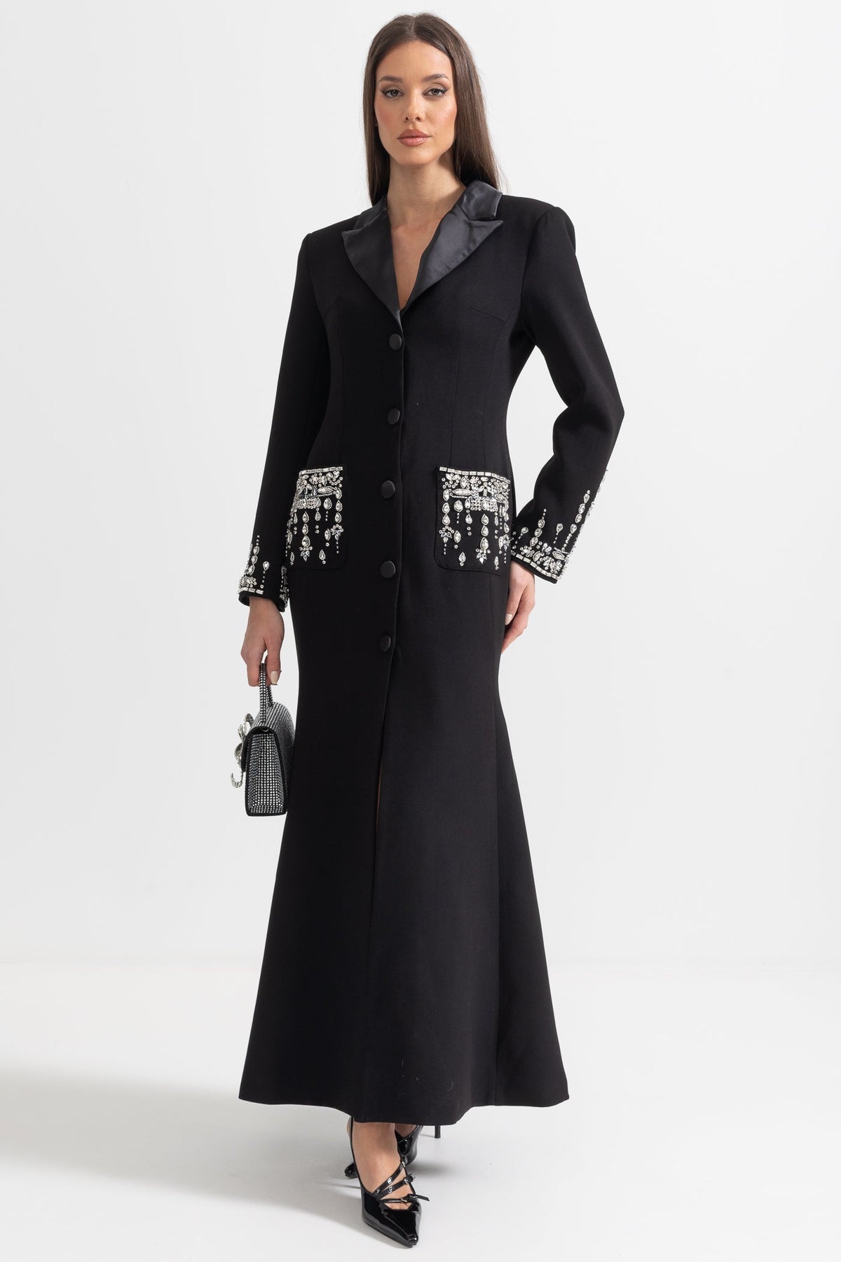 Long Sleeve Maxi Dress with Lapels and Crystal Embroidery – Black – view 3