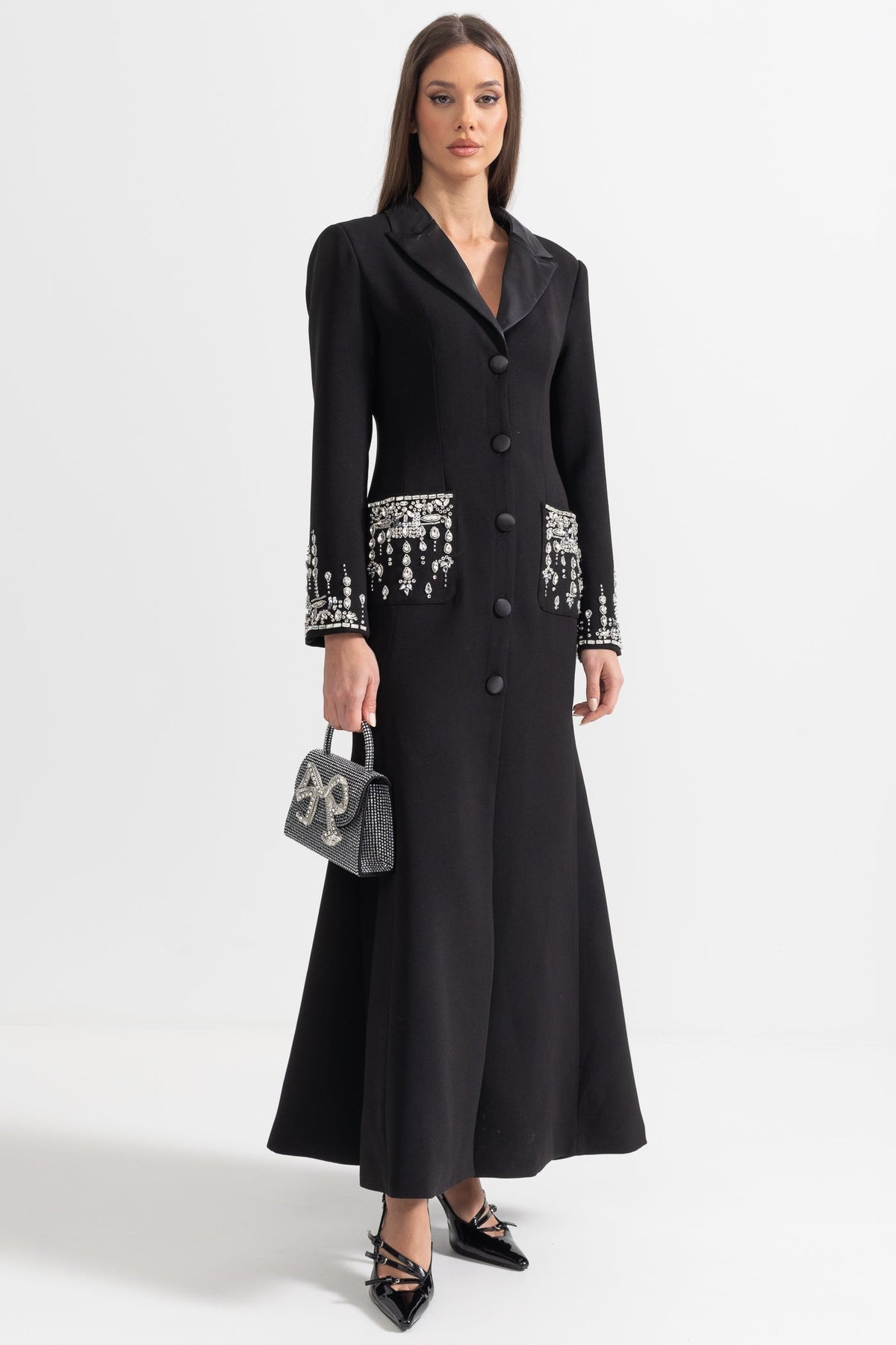 Long Sleeve Maxi Dress with Lapels and Crystal Embroidery – Black – view 4