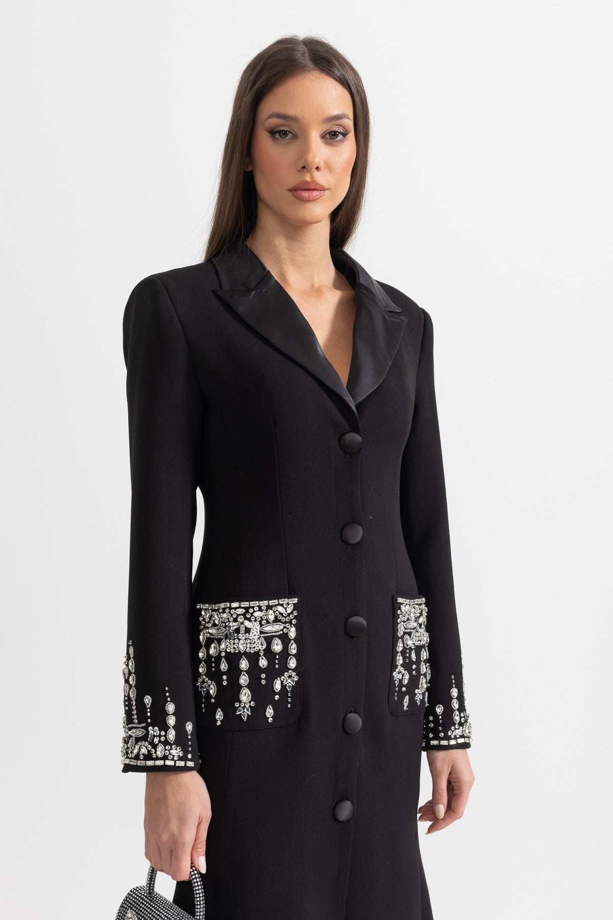 Long Sleeve Maxi Dress with Lapels and Crystal Embroidery – Black