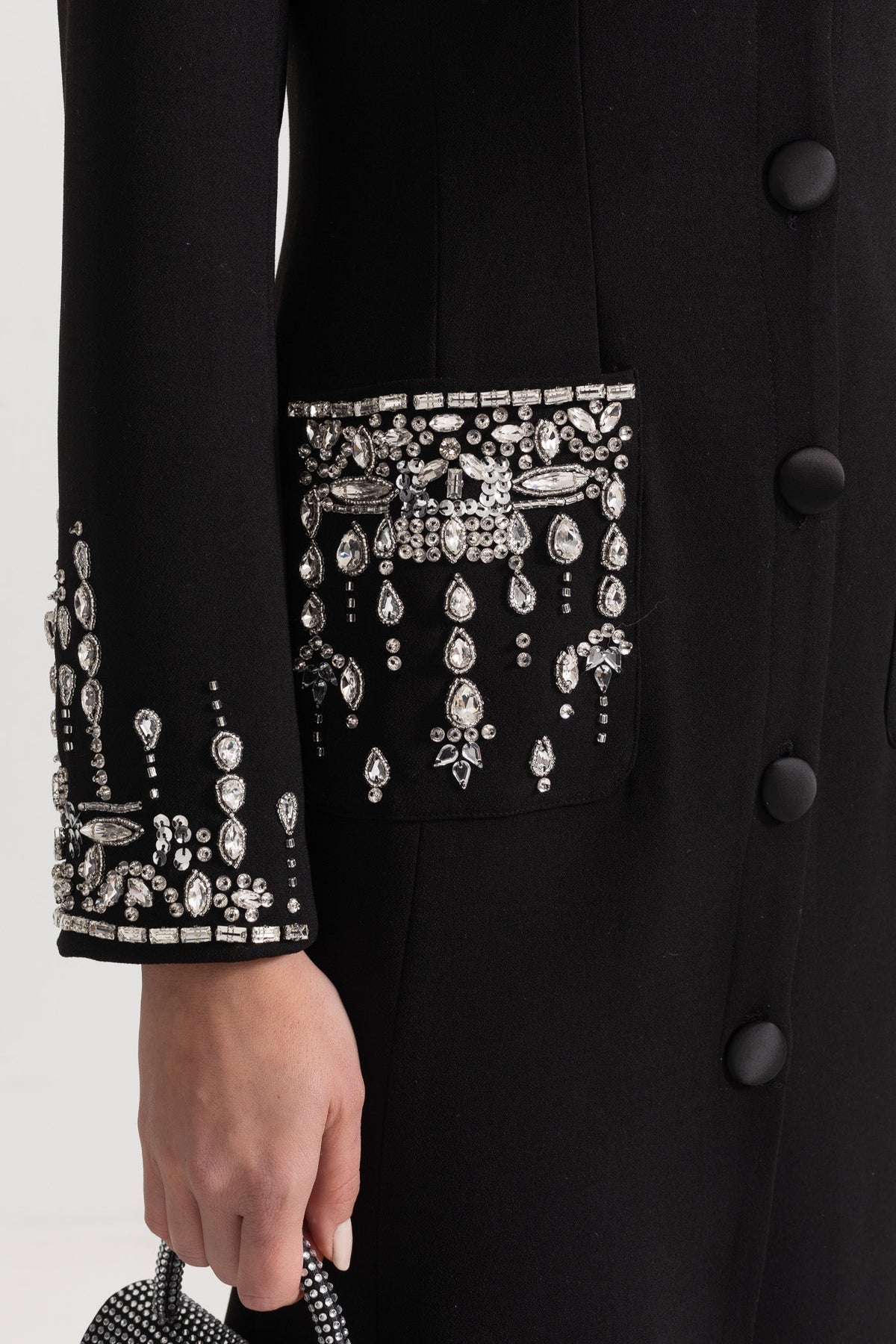 Long Sleeve Maxi Dress with Lapels and Crystal Embroidery – Black