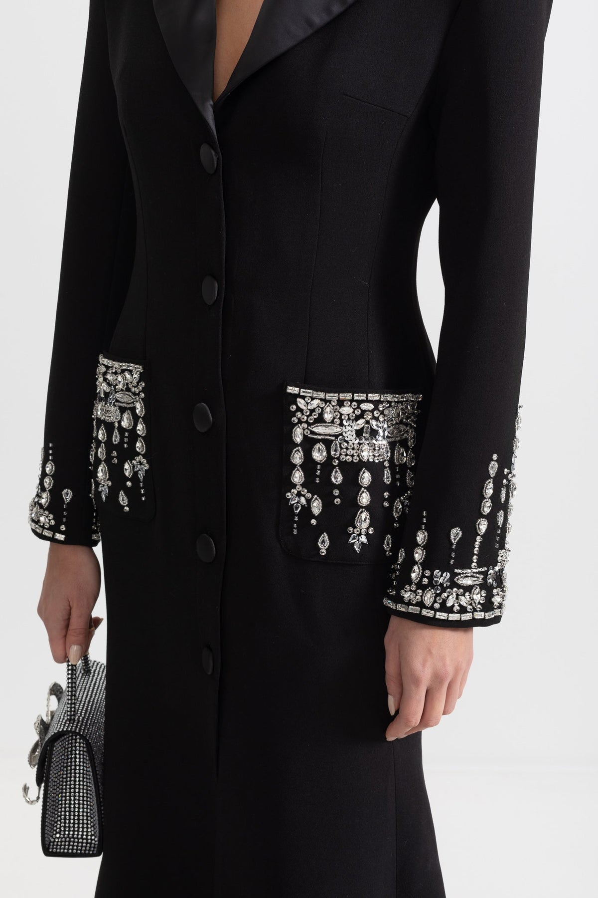 Long Sleeve Maxi Dress with Lapels and Crystal Embroidery – Black
