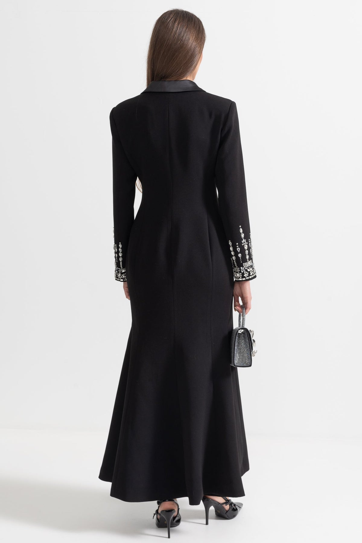 Long Sleeve Maxi Dress with Lapels and Crystal Embroidery – Black