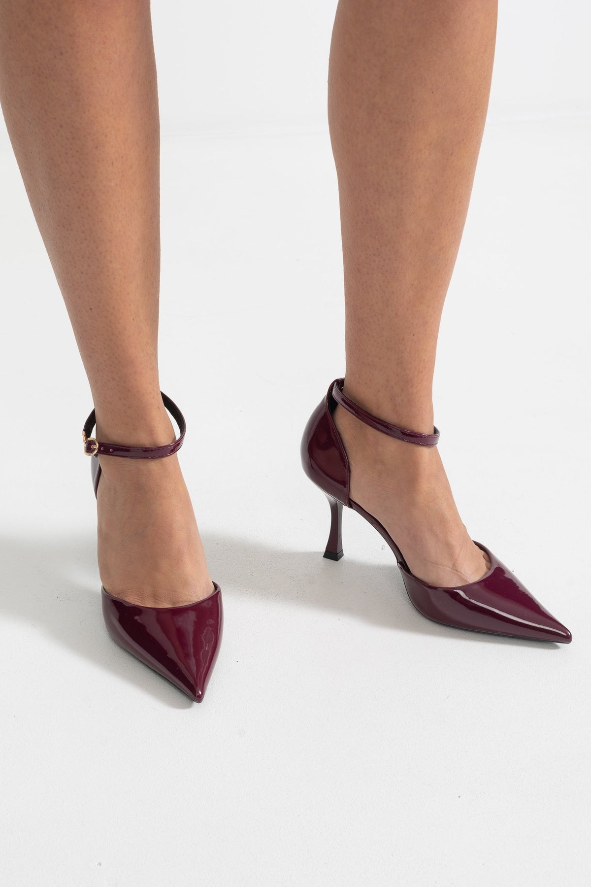 Glossy Vegan Leather Pointed Toe Ankle Strap Heels – Burgundy – view 4