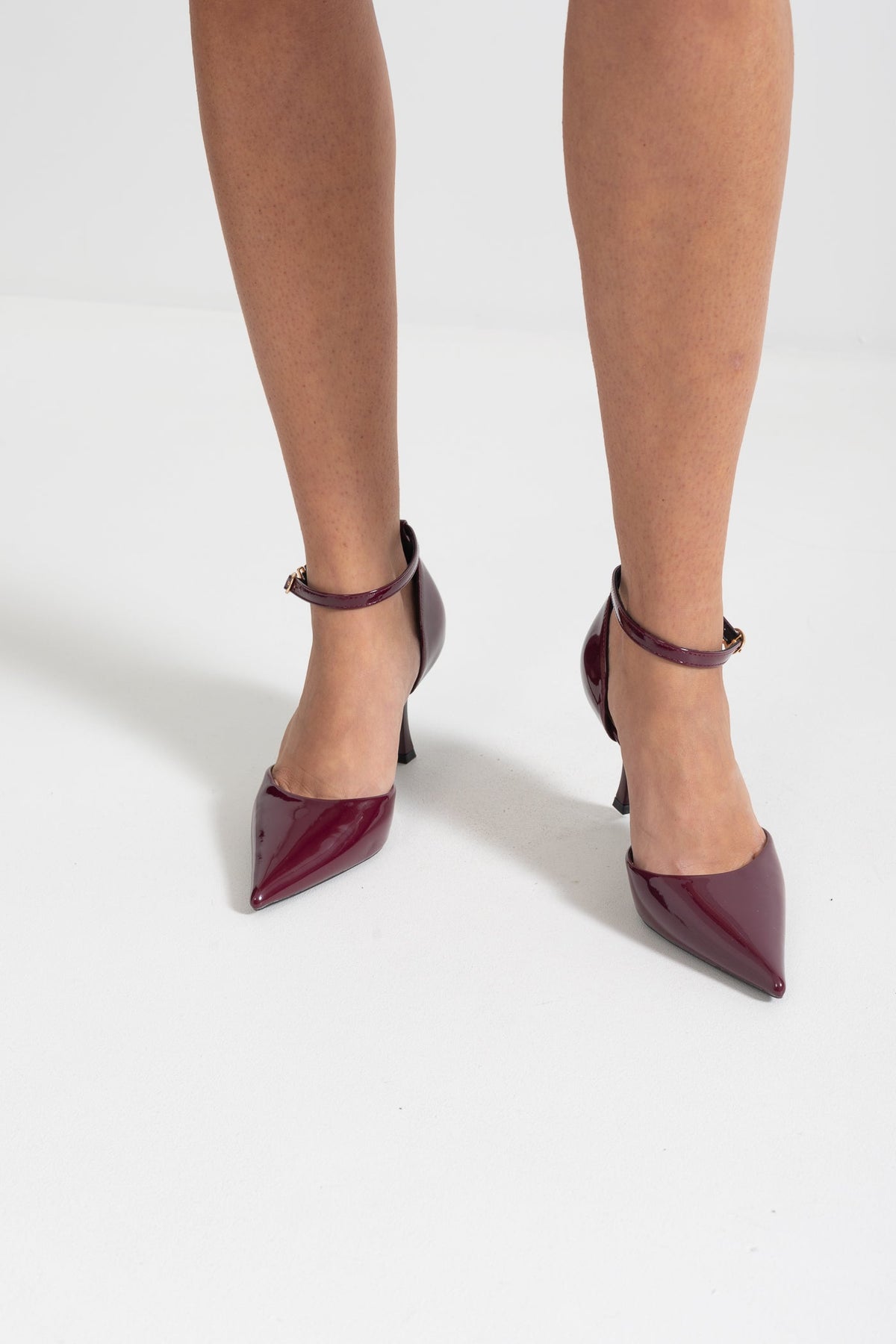 Glossy Vegan Leather Pointed Toe Ankle Strap Heels – Burgundy – view 5