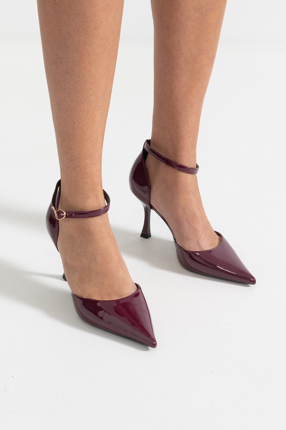 Glossy Vegan Leather Pointed Toe Ankle Strap Heels – Burgundy