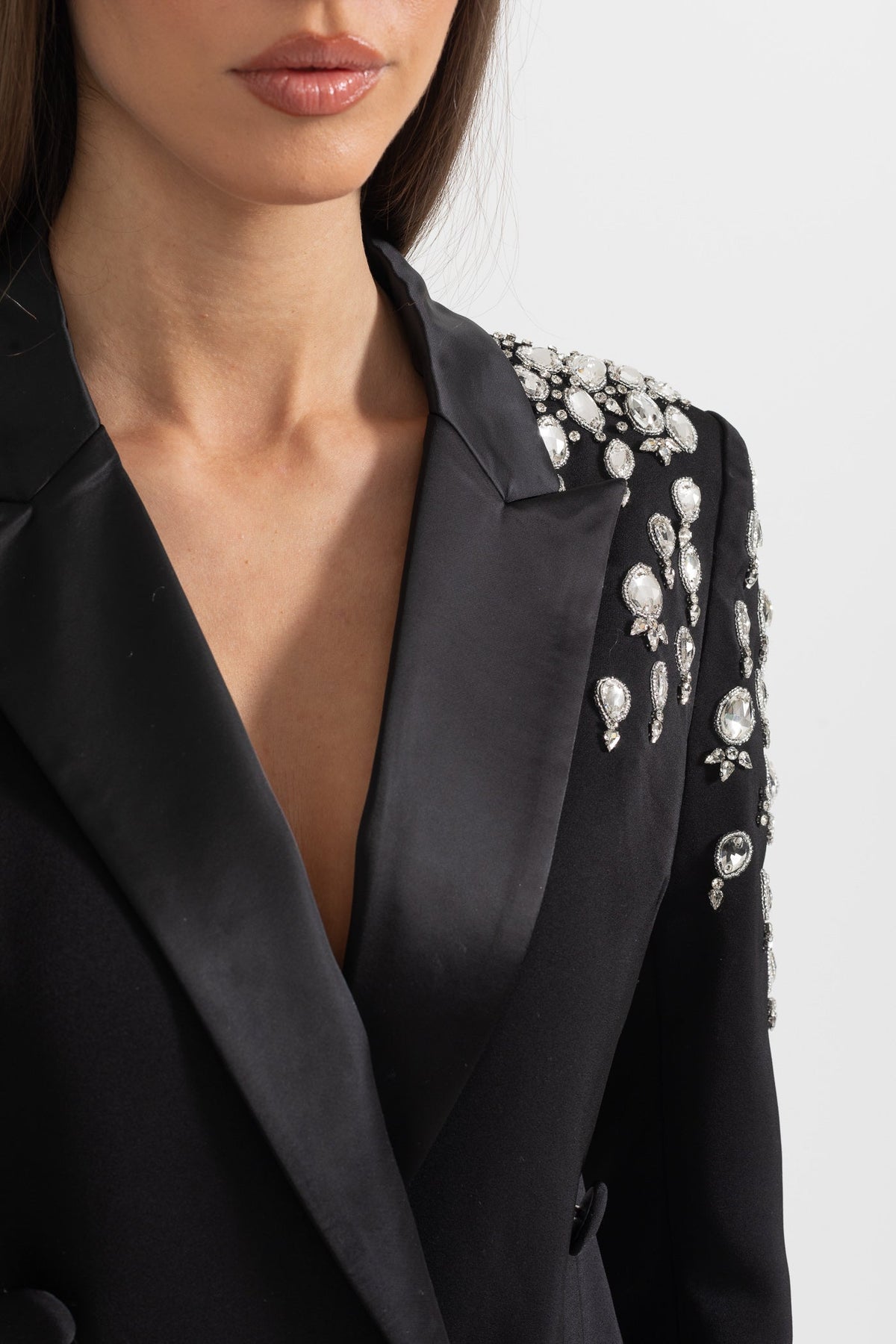 Double-Breasted Blazer with Embellished Shoulders and Satin Lapels – Black – view 6