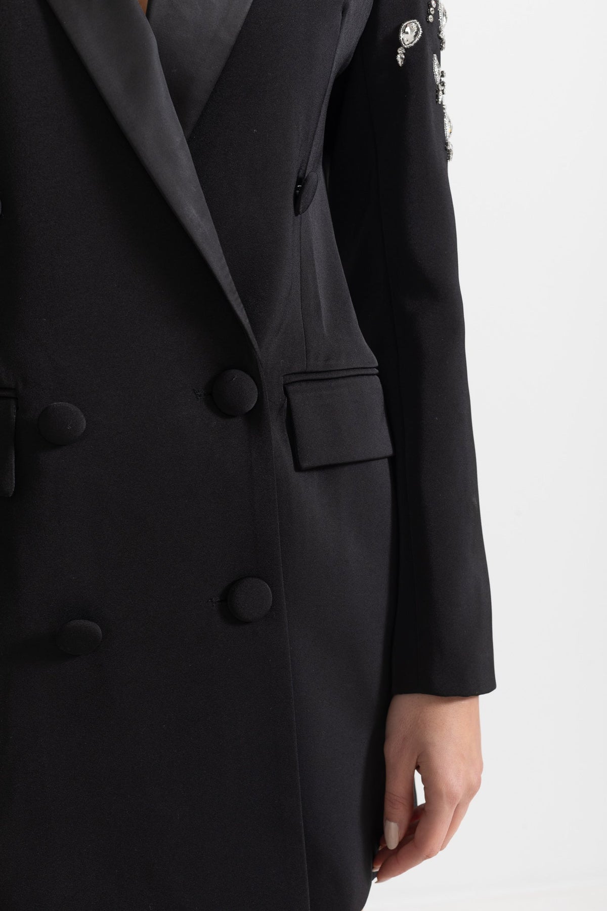 Double-Breasted Blazer with Embellished Shoulders and Satin Lapels – Black – view 7