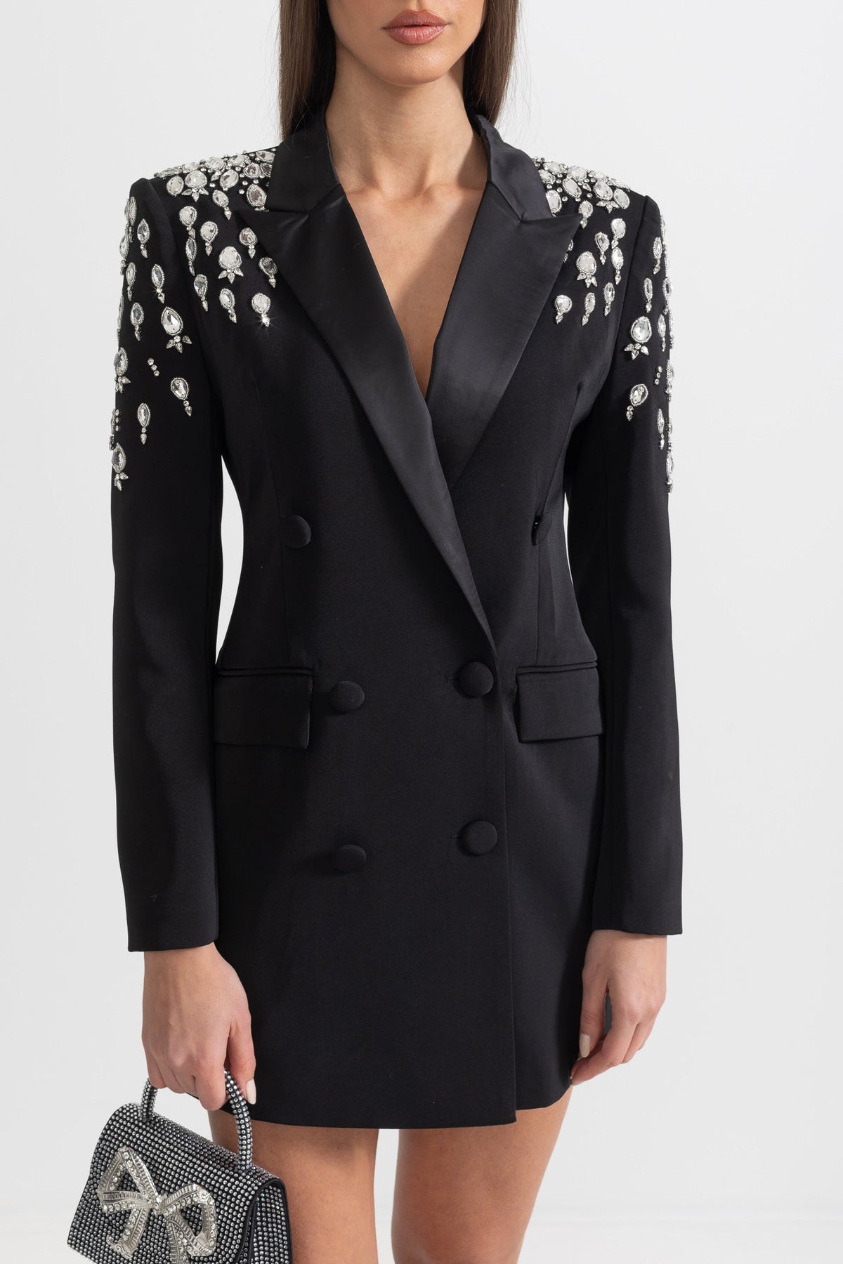 Double-Breasted Blazer with Embellished Shoulders and Satin Lapels – Black – view 8