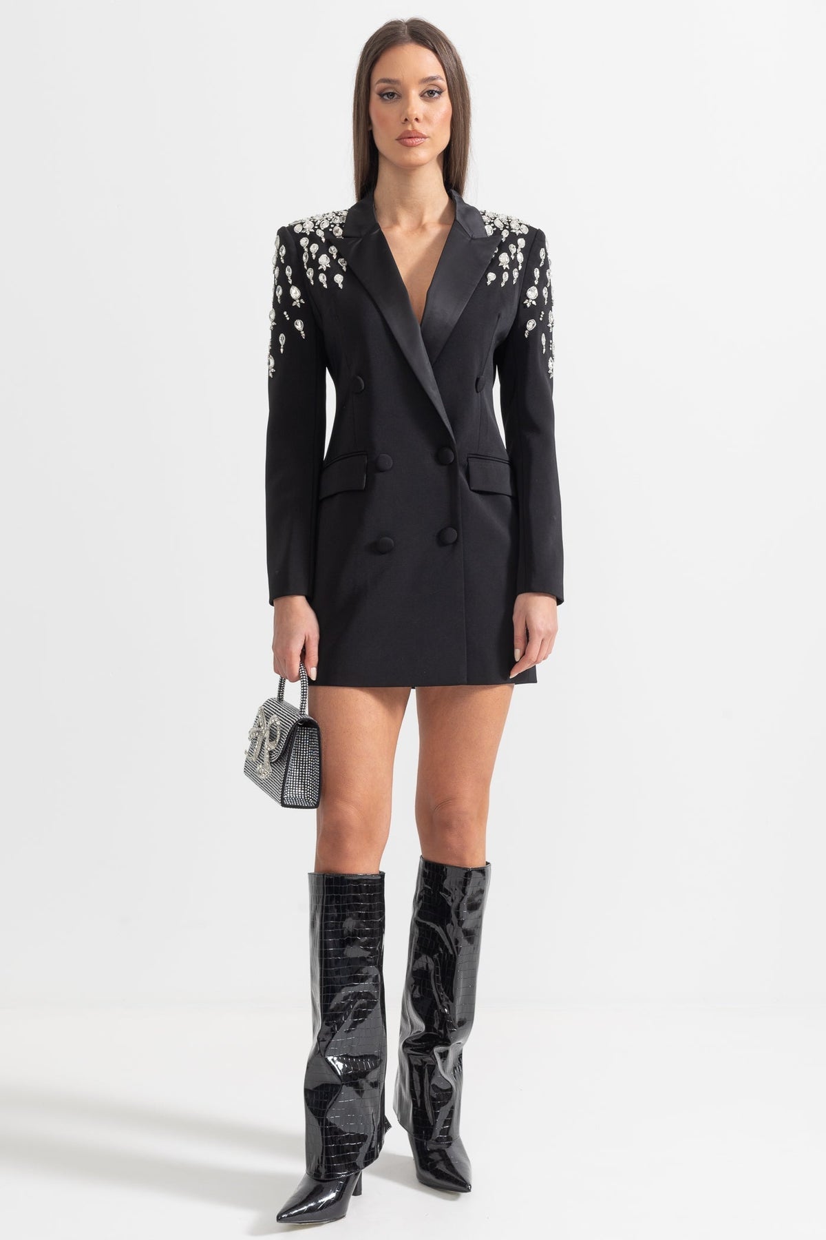 Double-Breasted Blazer with Embellished Shoulders and Satin Lapels – Black – view 3