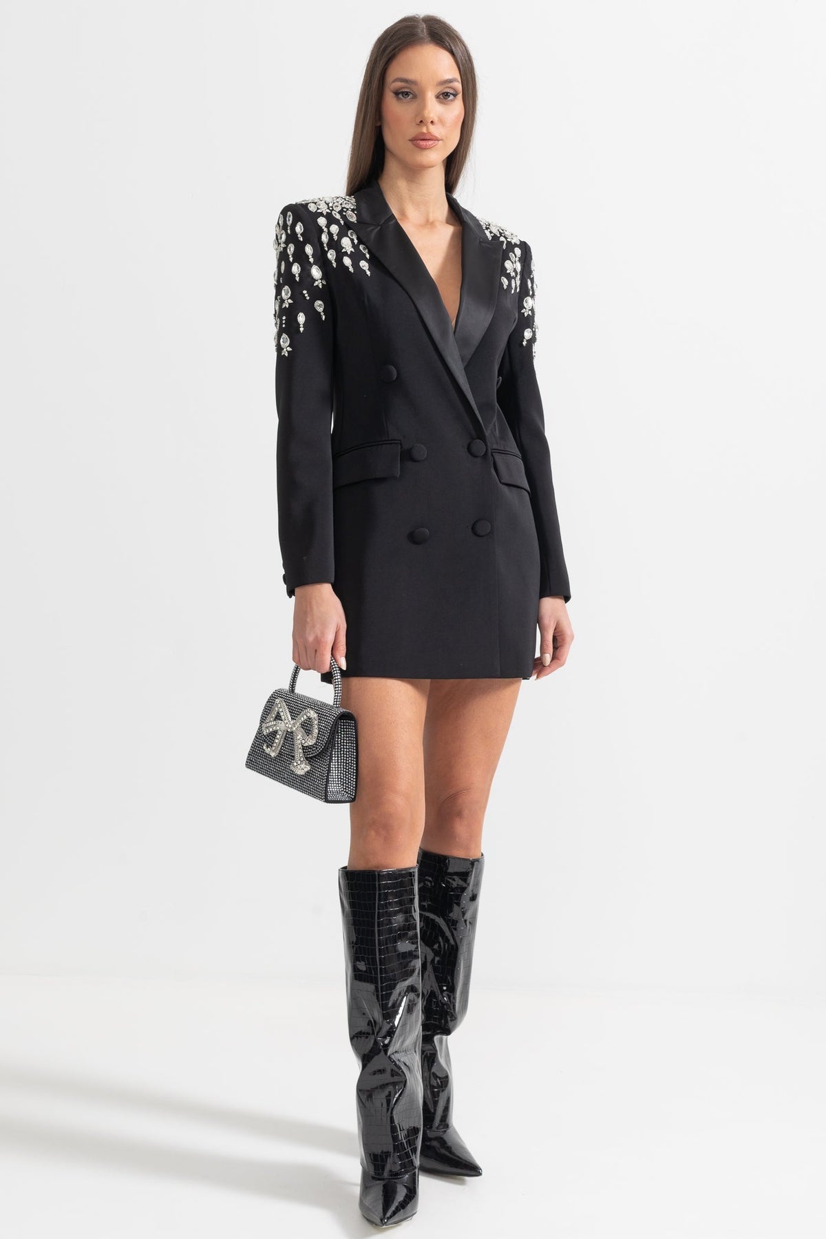 Double-Breasted Blazer with Embellished Shoulders and Satin Lapels – Black – view 5