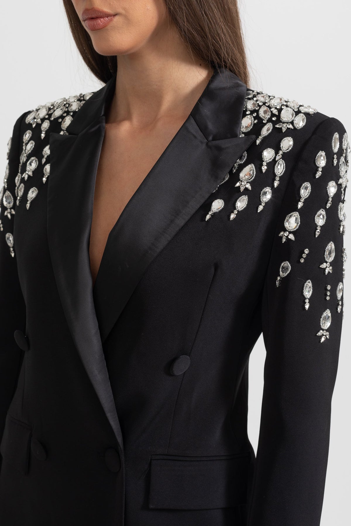Double-Breasted Blazer with Embellished Shoulders and Satin Lapels – Black – view 9
