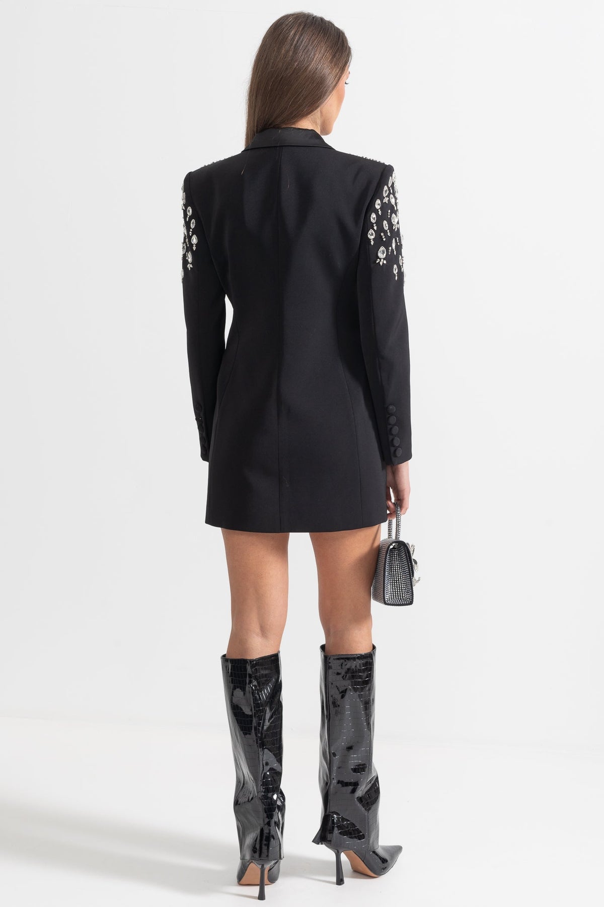 Double-Breasted Blazer with Embellished Shoulders and Satin Lapels – Black – view 10