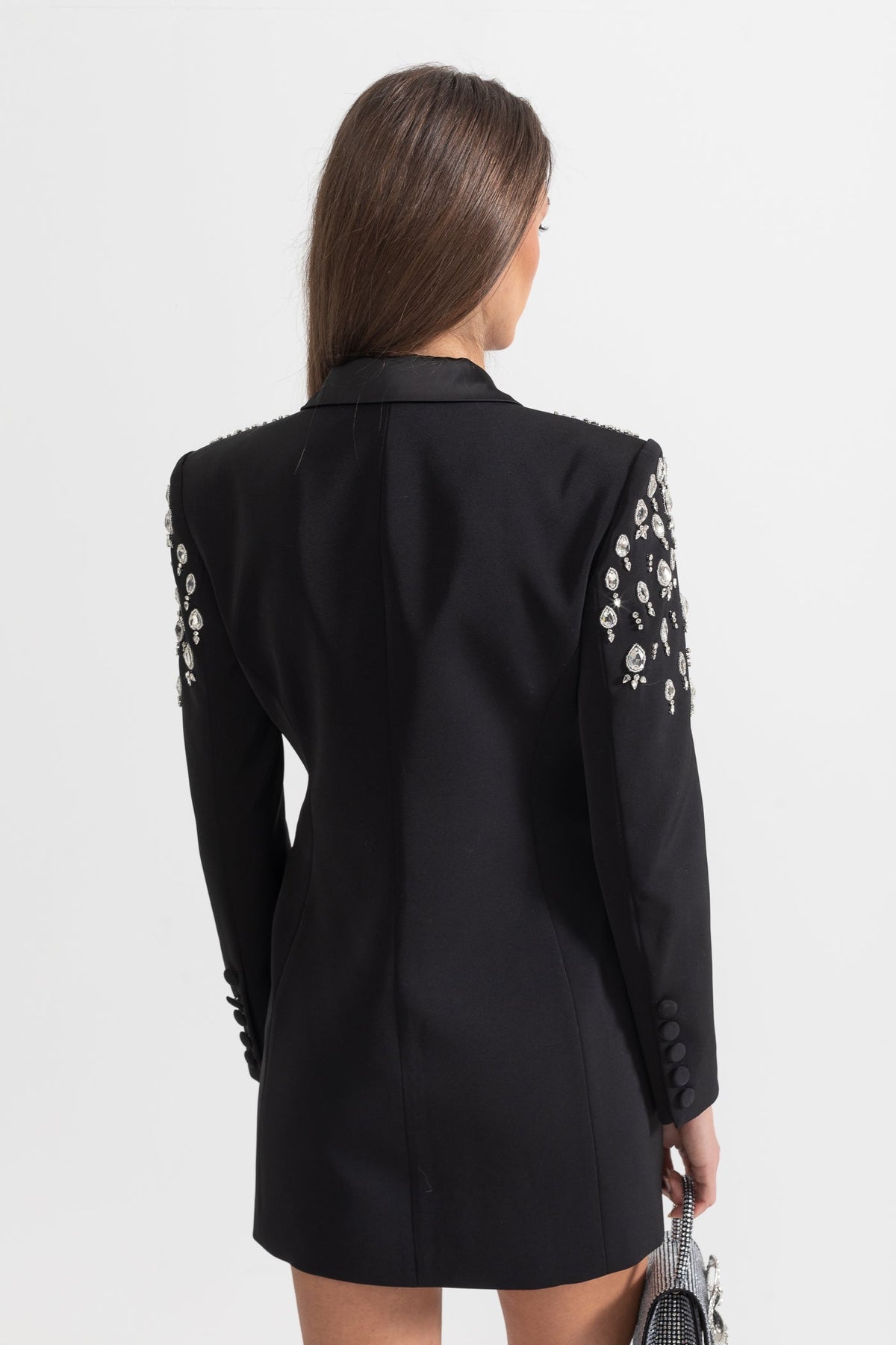 Double-Breasted Blazer with Embellished Shoulders and Satin Lapels – Black – view 11