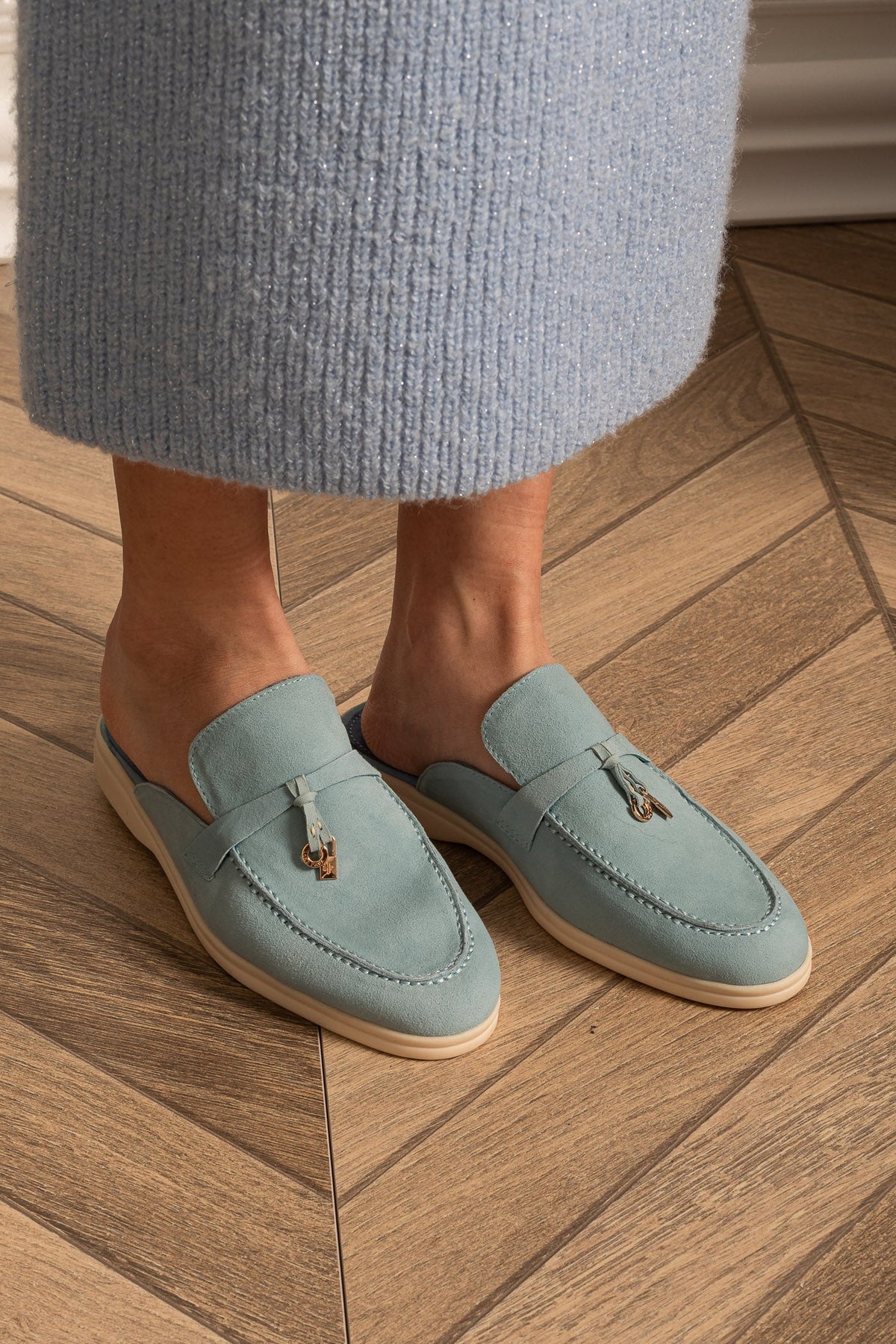 Suede Loafers with Metal Charms and Contrasting Beige Sole – Baby Blue – view 3
