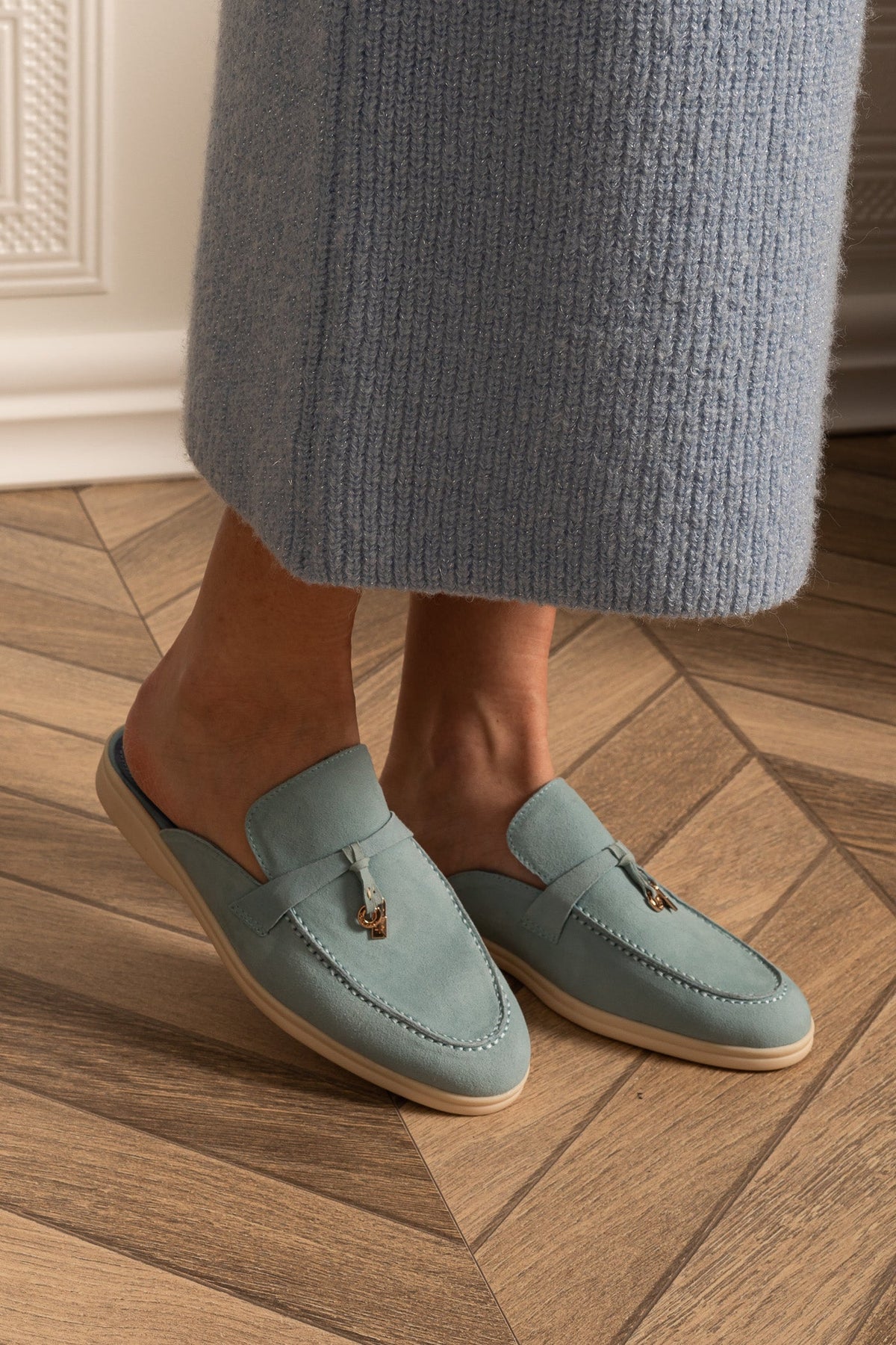 Suede Loafers with Metal Charms and Contrasting Beige Sole – Baby Blue – view 5