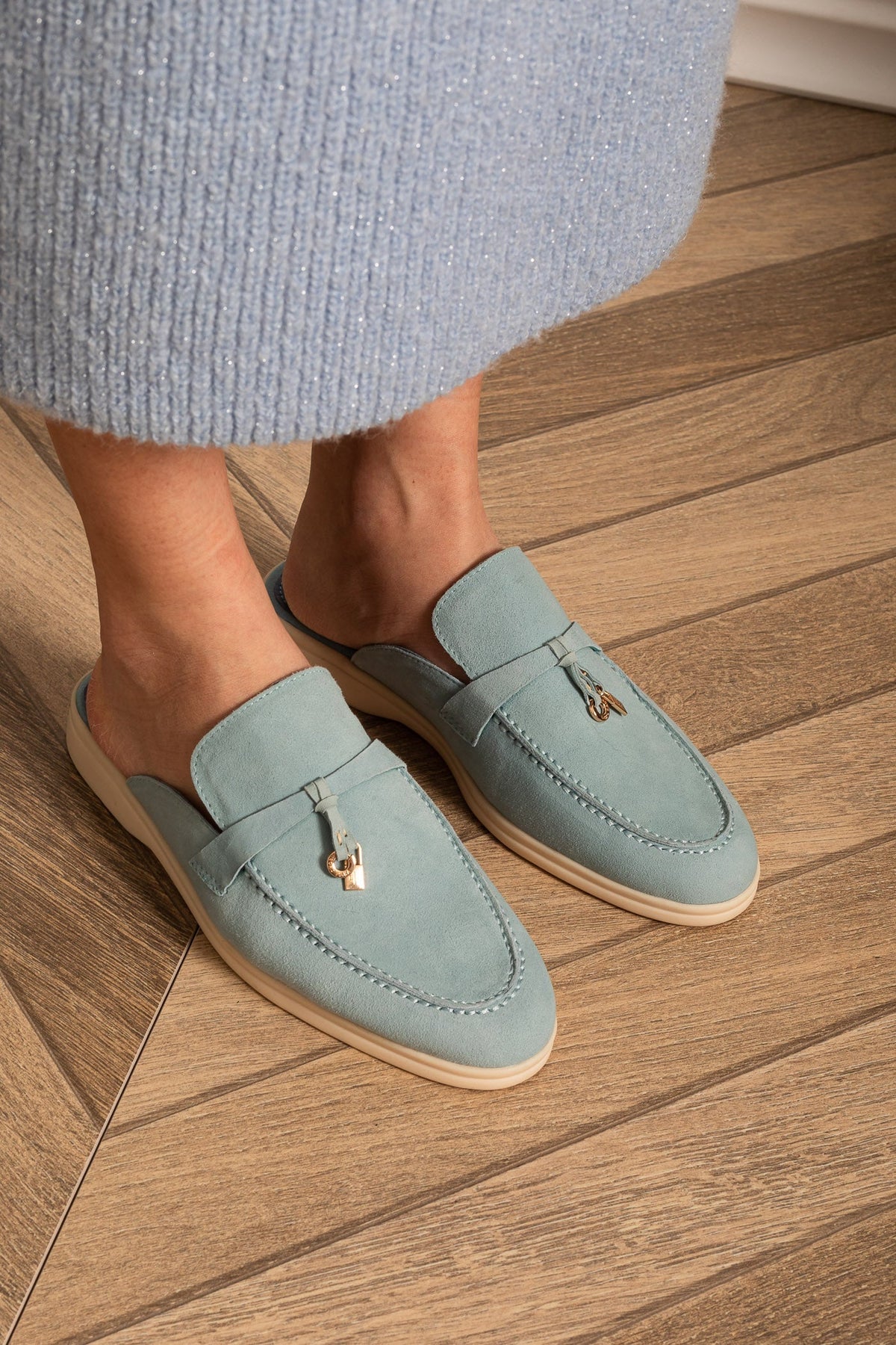 Suede Loafers with Metal Charms and Contrasting Beige Sole – Baby Blue – view 4