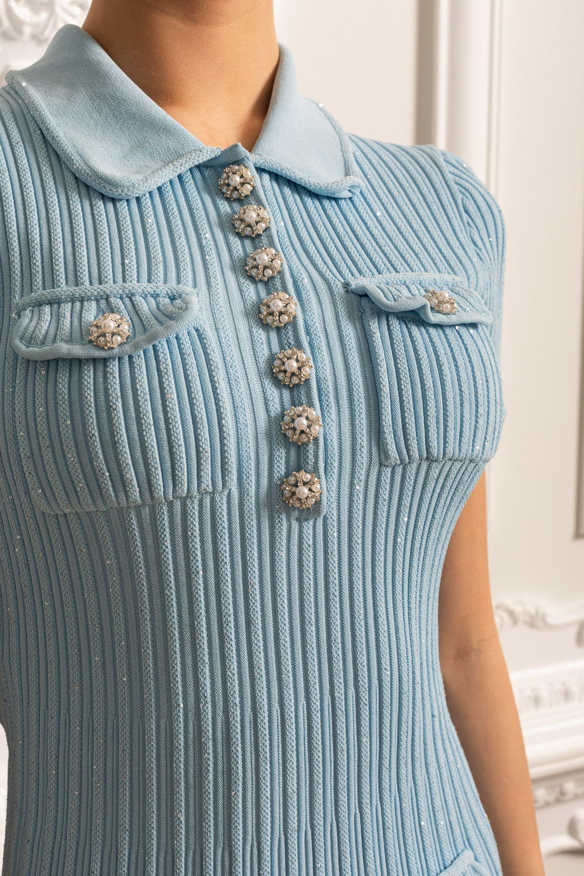 Short Sleeve Hourglass Mini Dress with Diamond-Style Buttons – Baby Blue – view 9