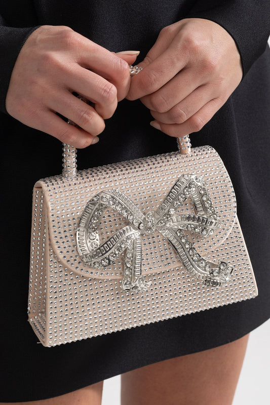 Sparkling Rhinestone Clutch with Decorative Metallic Bow – Champagne