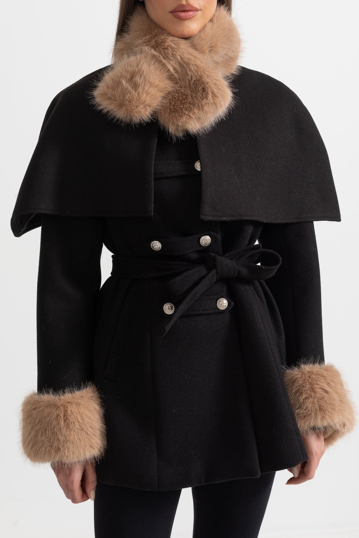 Double-Breasted Coat with Detachable Cape and Furry Trim – Black – view 7